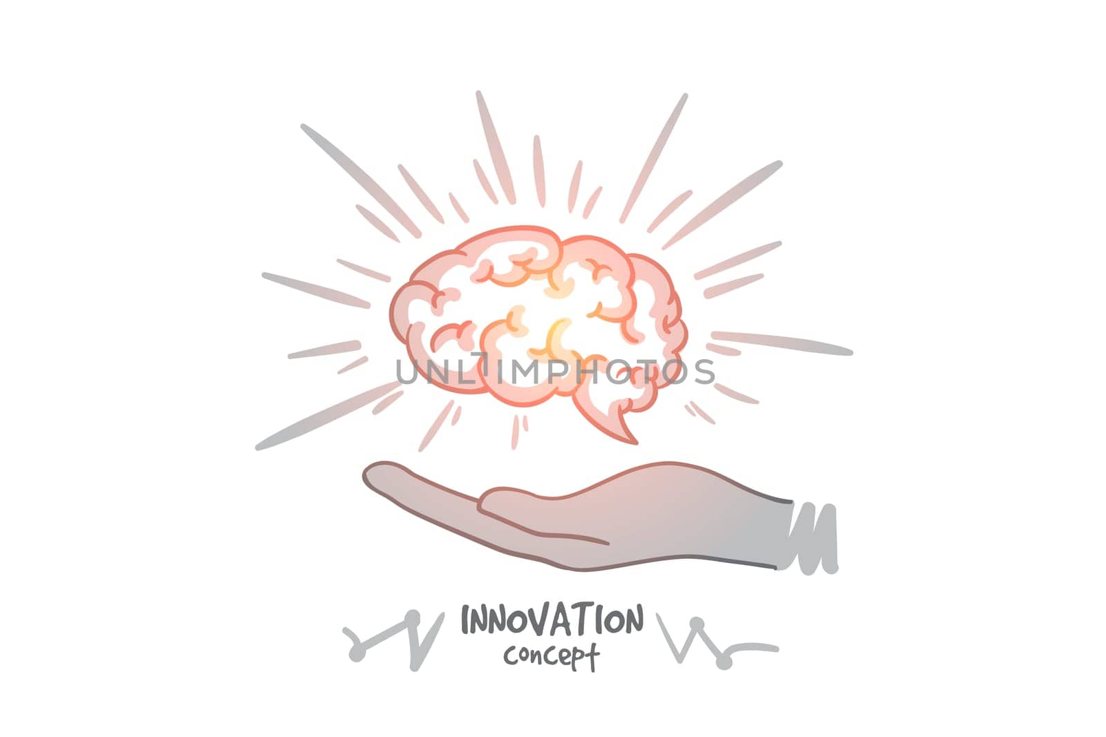 Innovation concept. Hand drawn humans brain in hands. Brain as a symbol of creativity and ideas isolated vector illustration.