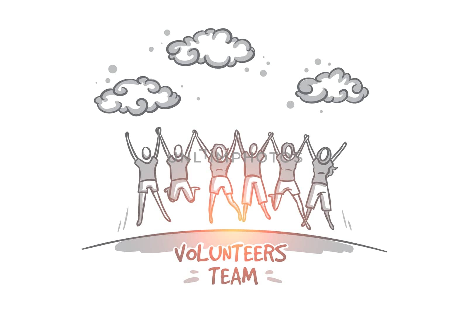 Vegan concept. Hand drawn group of happy volunteers celebrating success. Community of people doing charity isolated vector illustration.