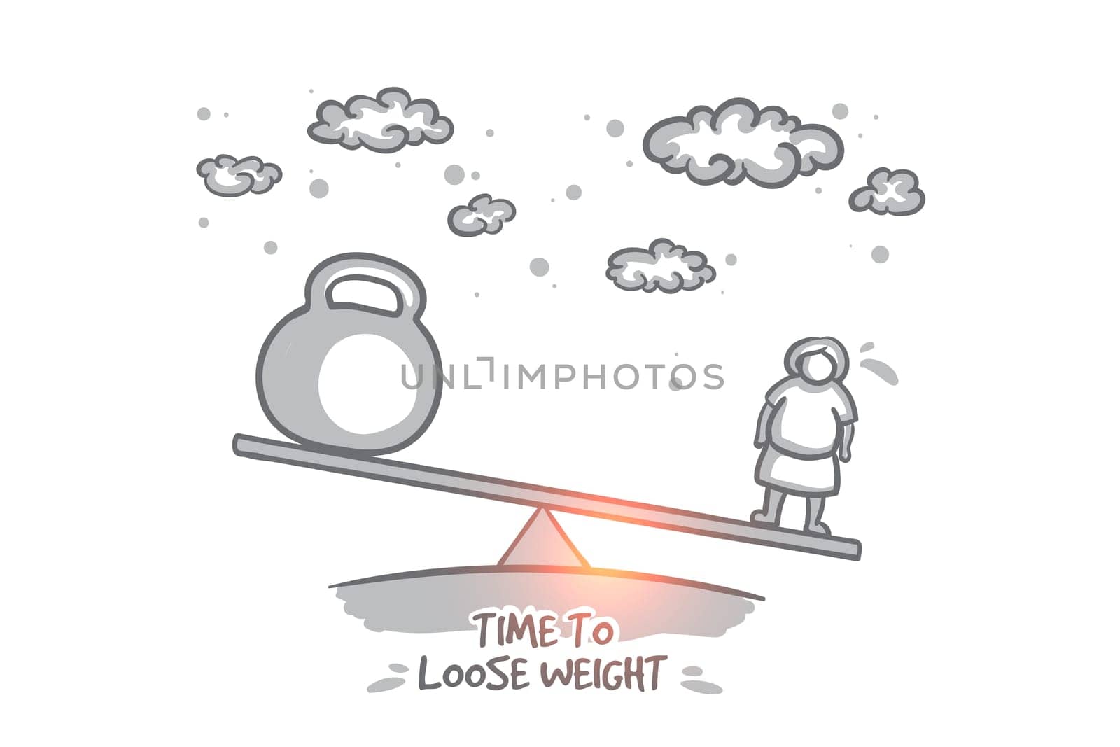 Time to loose weight concept. Hand drawn woman want to become slim. Time for diet slimming isolated vector illustration.