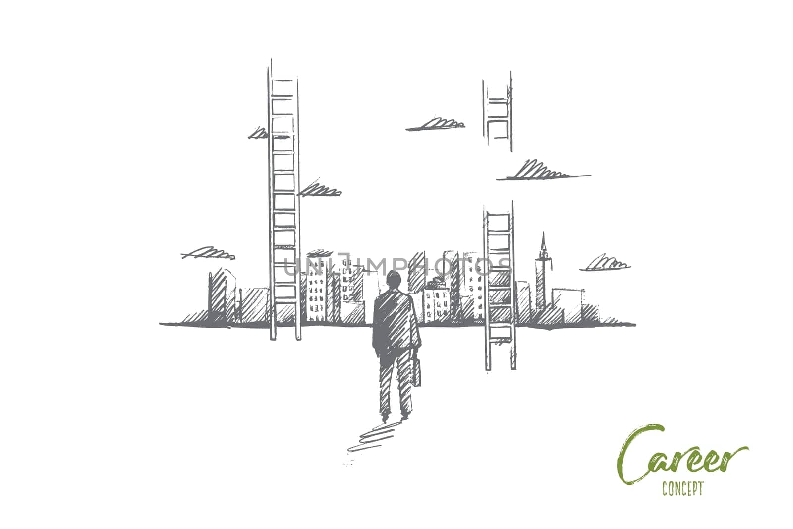 Vector hand drawn Career concept sketch. Businessman rear view standing and looking at skyscrappers of big city and ladder to sky