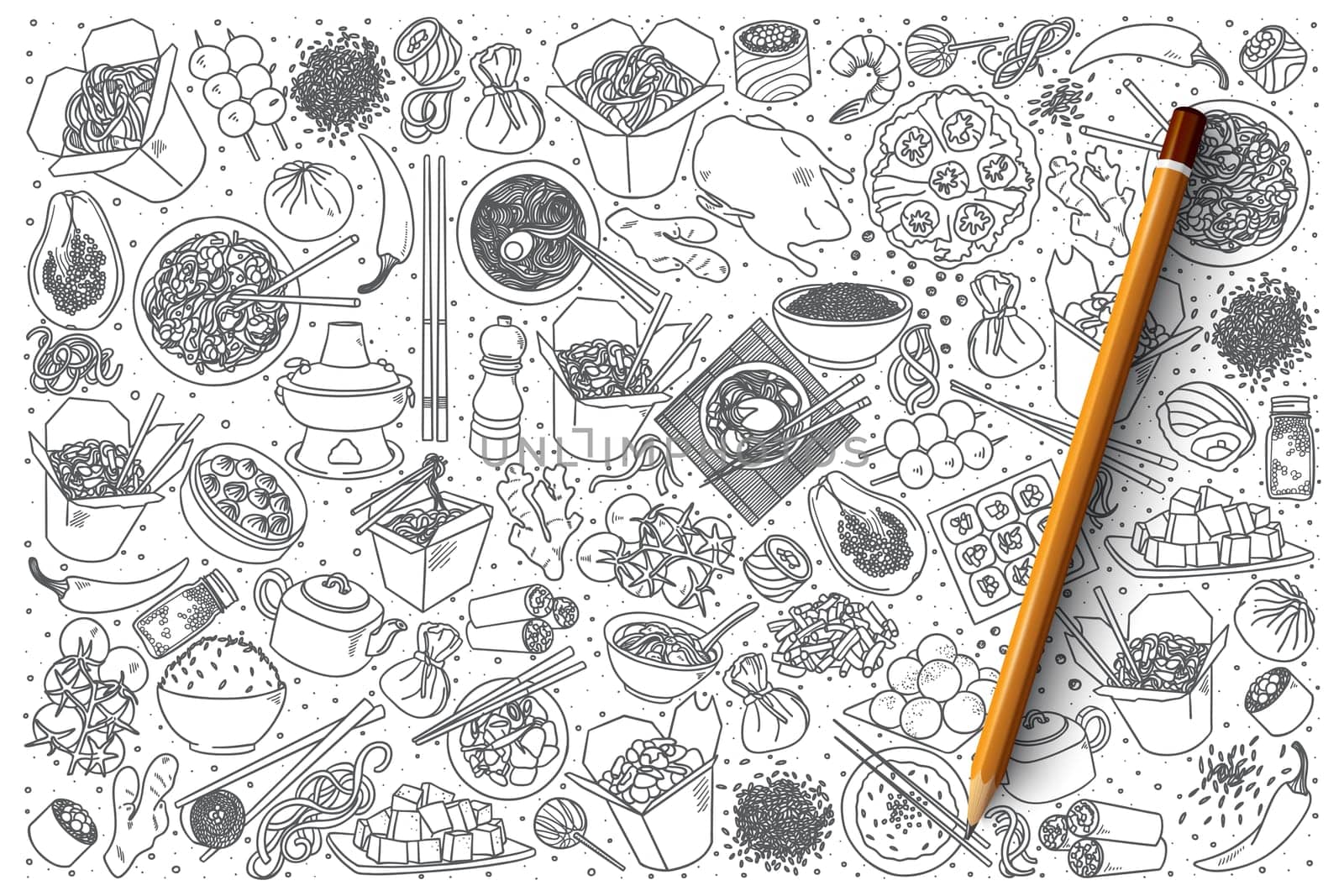 Hand drawn set of chinese food vector doodles