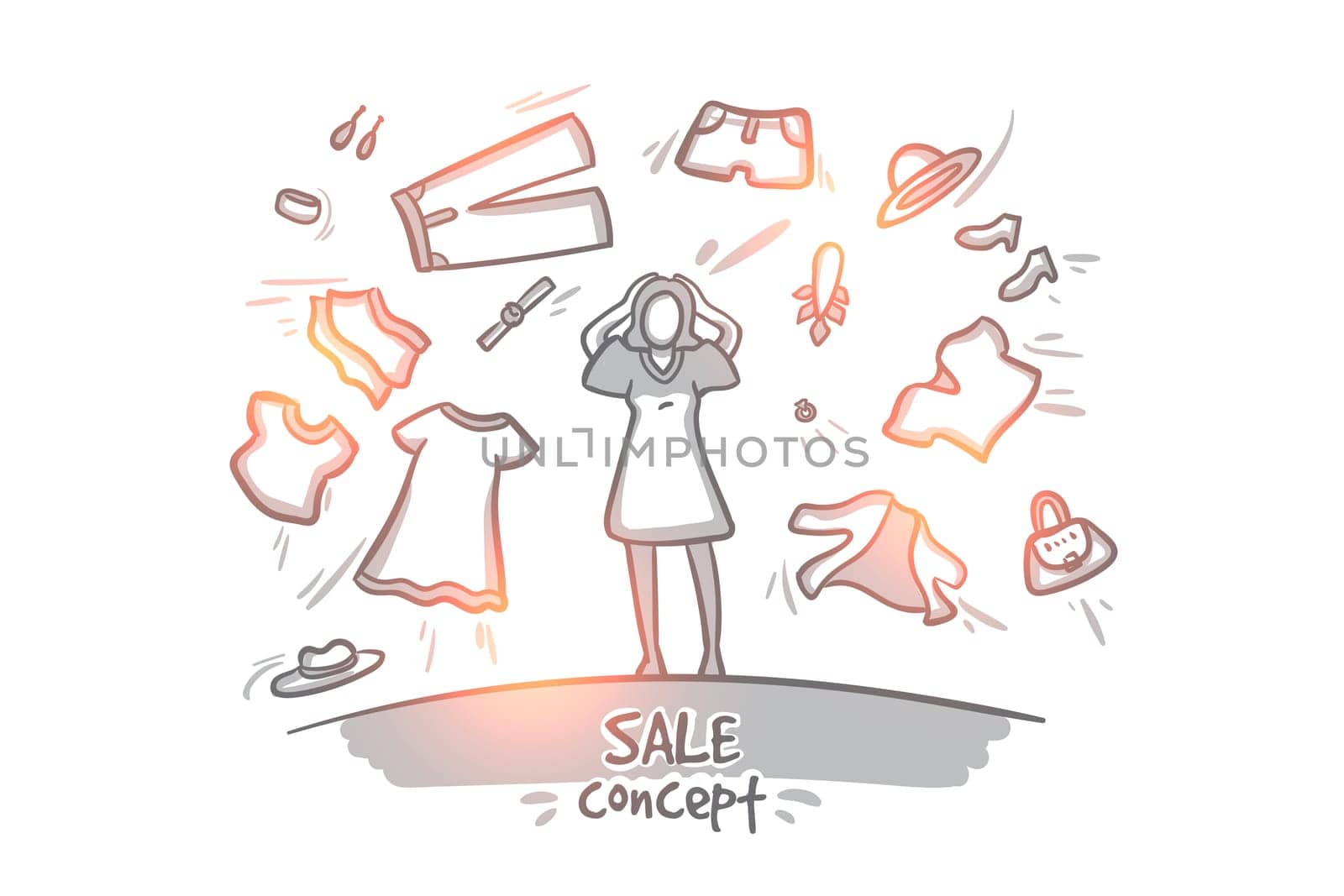 Sale concept. Hand drawn happy woman shopping for clothes. Seasonal sale isolated vector illustration.