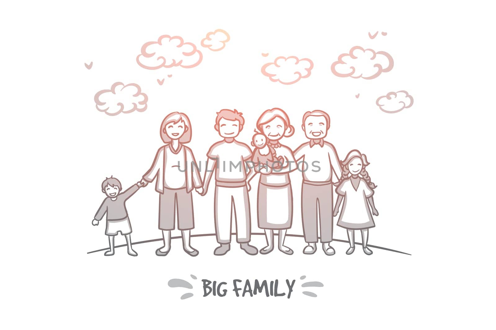 Big family concept. Hand drawn large group of people one family. Mother, father, children, grandmother and grandfather isolated vector illustration.