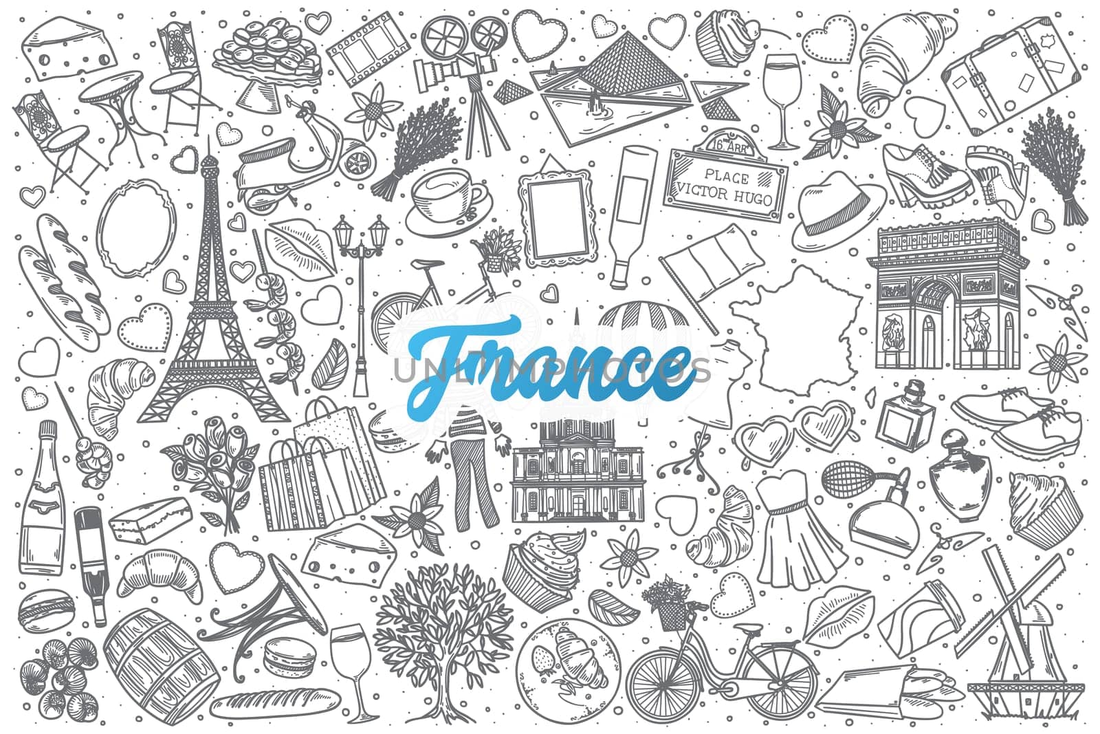 Hand drawn France doodle set background with blue lettering in vector
