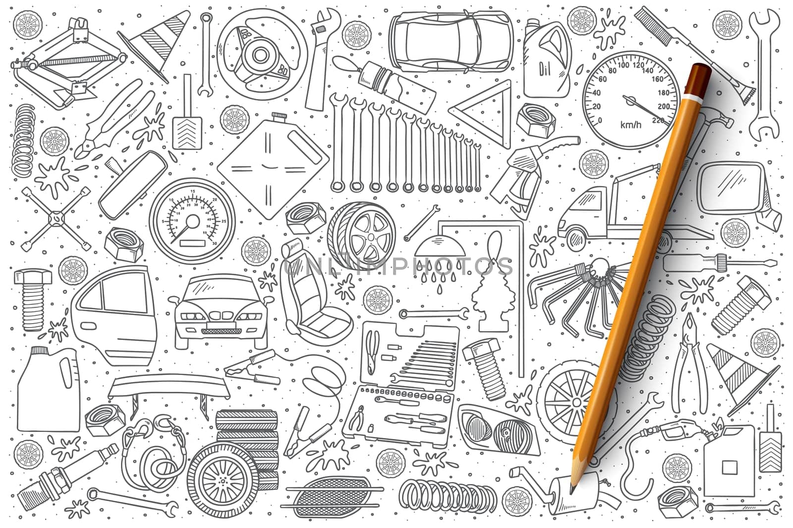 Hand drawn set of car service vector doodles