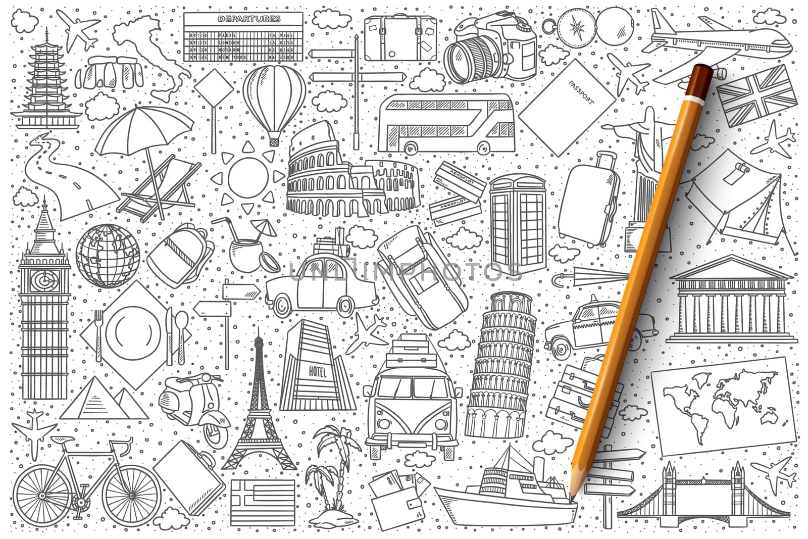 Hand drawn set of travel vector doodles