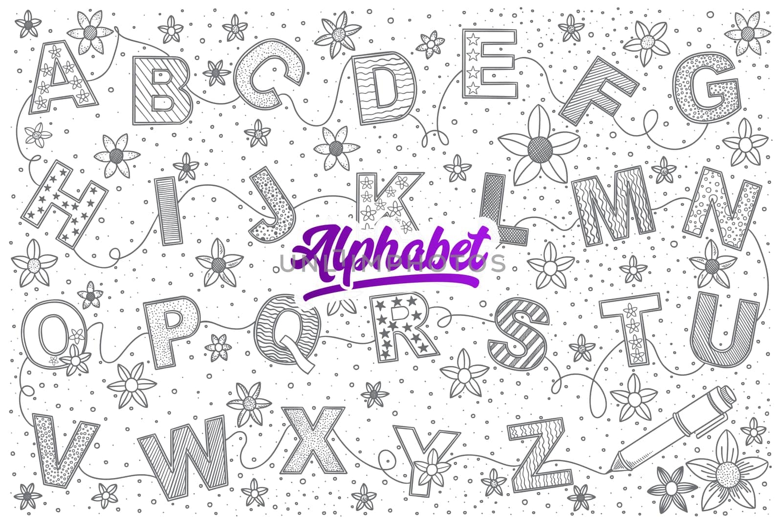 Hand drawn set of Alphabet doodles with lettering in vector