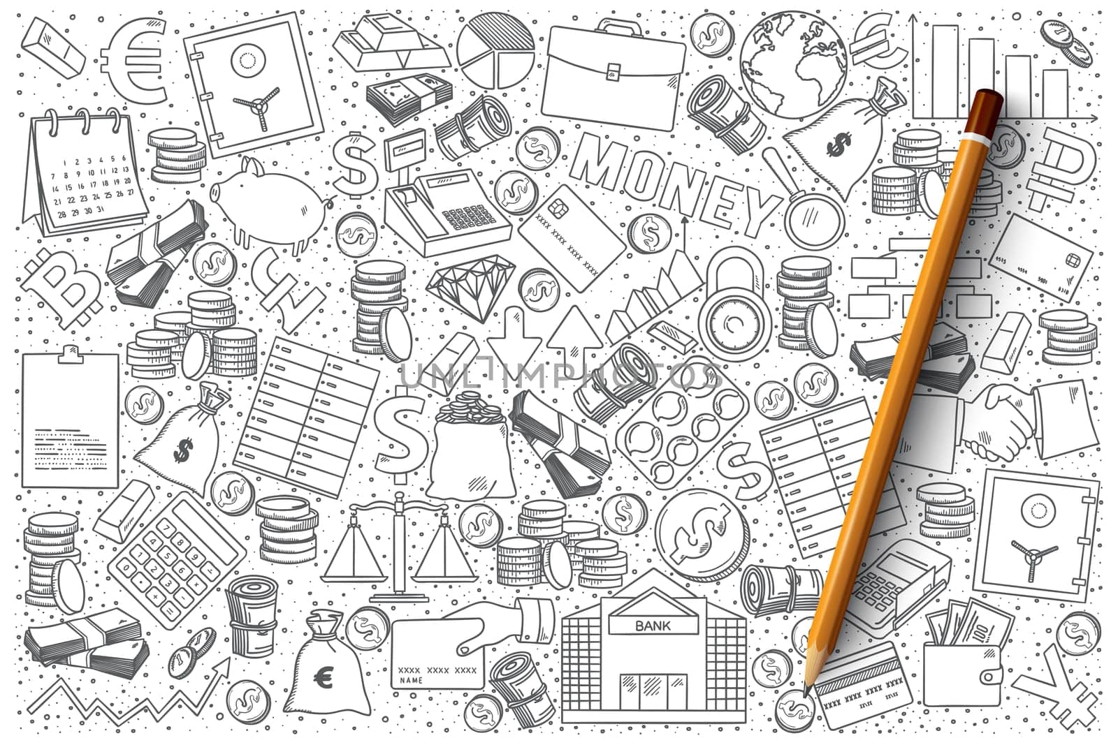 Hand drawn vector set of finance doodles