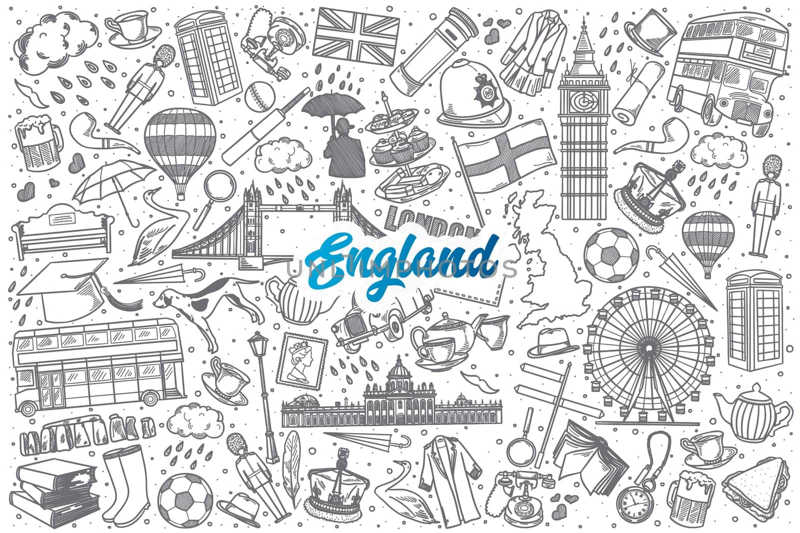 Hand drawn England doodle set background with blue lettering in vector