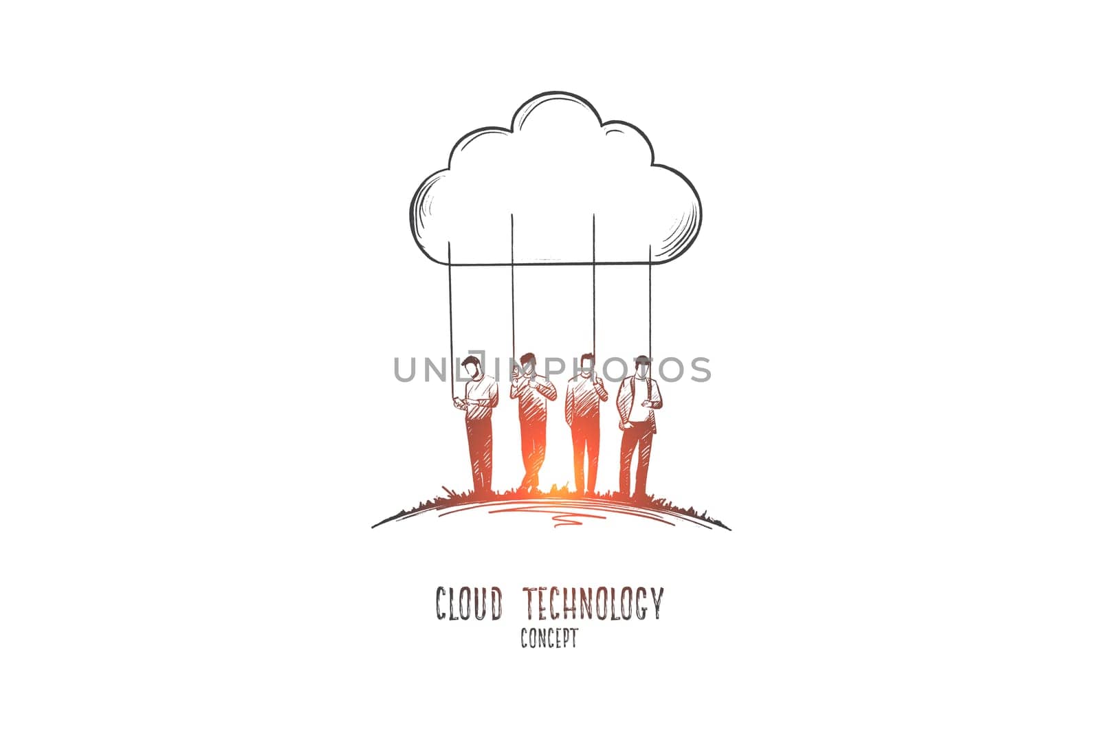 Cloud technology concept. Hand drawn people using networking and internet service. People connecting through virtual cloud isolated vector illustration.