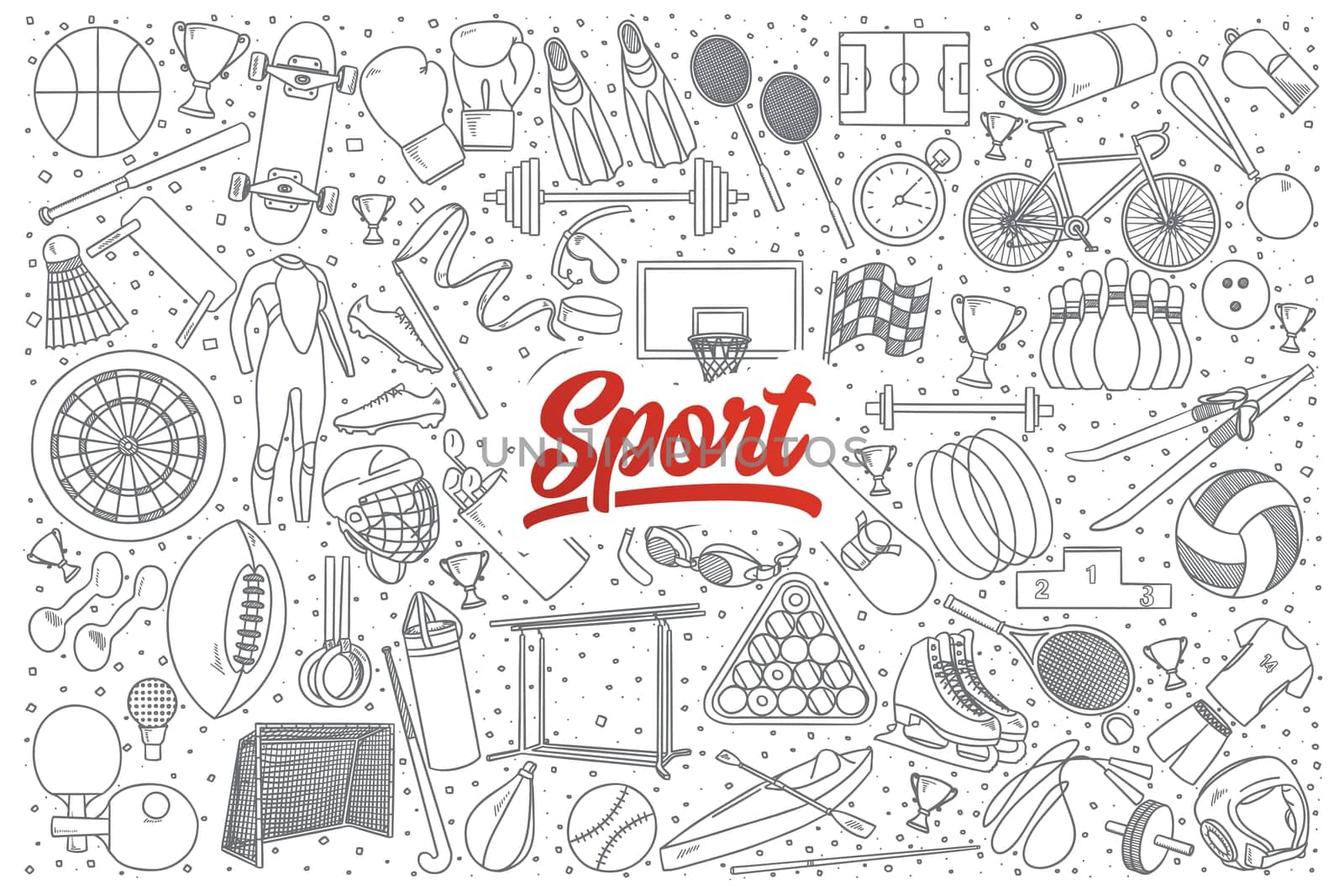 Hand drawn set of sport doodles with red lettering in vector