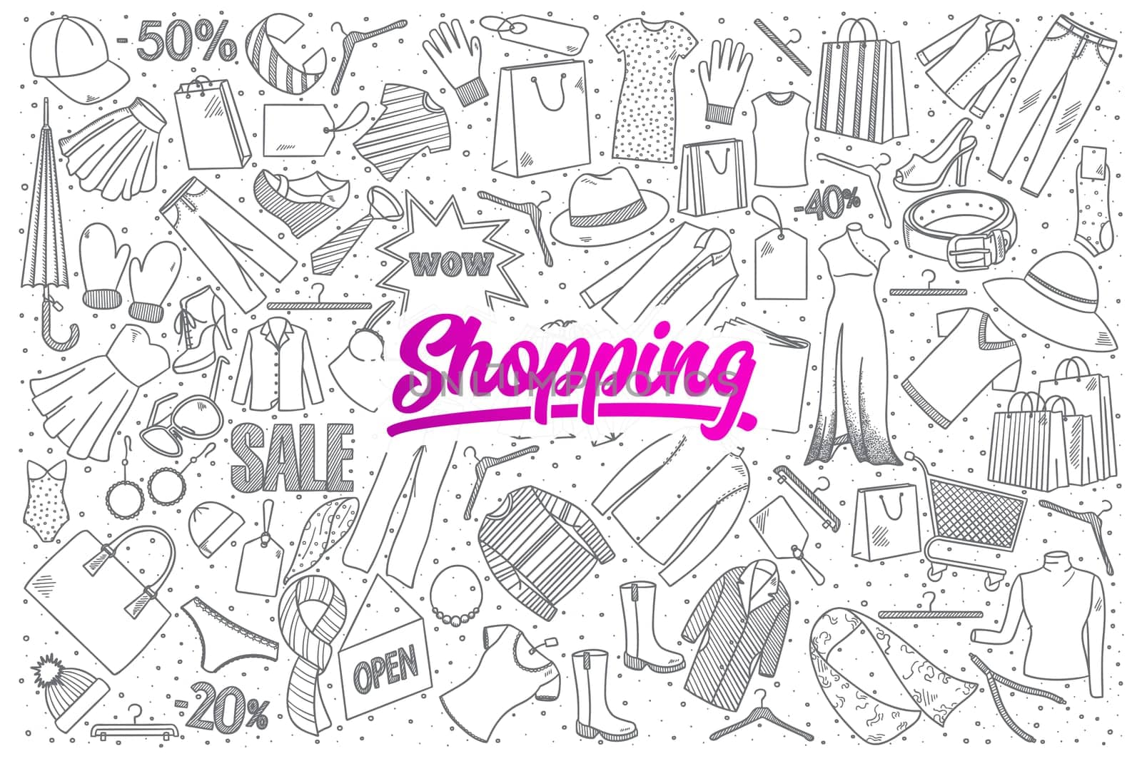 Hand drawn set of shopping doodles with pink lettering in vector