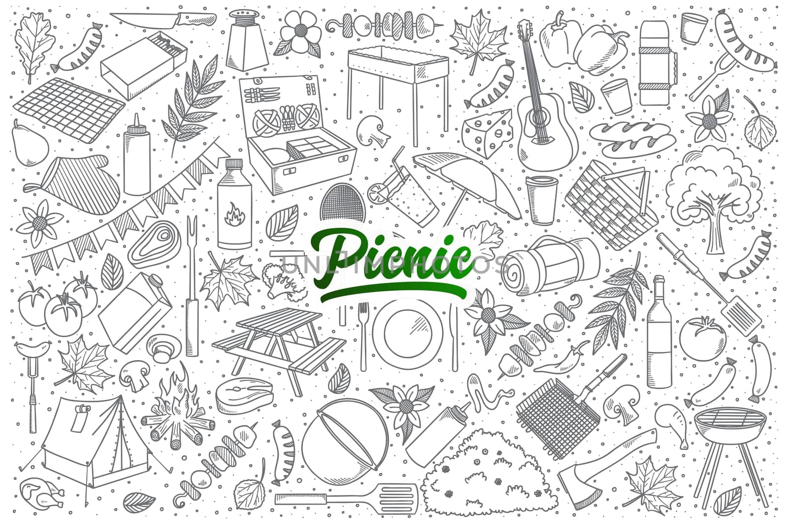 Hand drawn set of picnic doodles with green lettering in vector