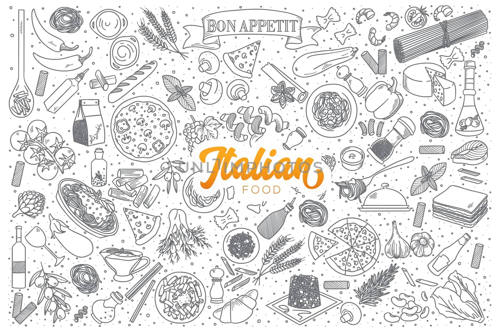 Hand drawn set of Italian food doodles with orange lettering in vector