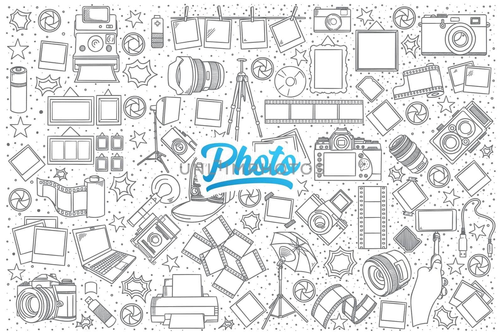 Hand drawn set of photo doodles with blue lettering in vector