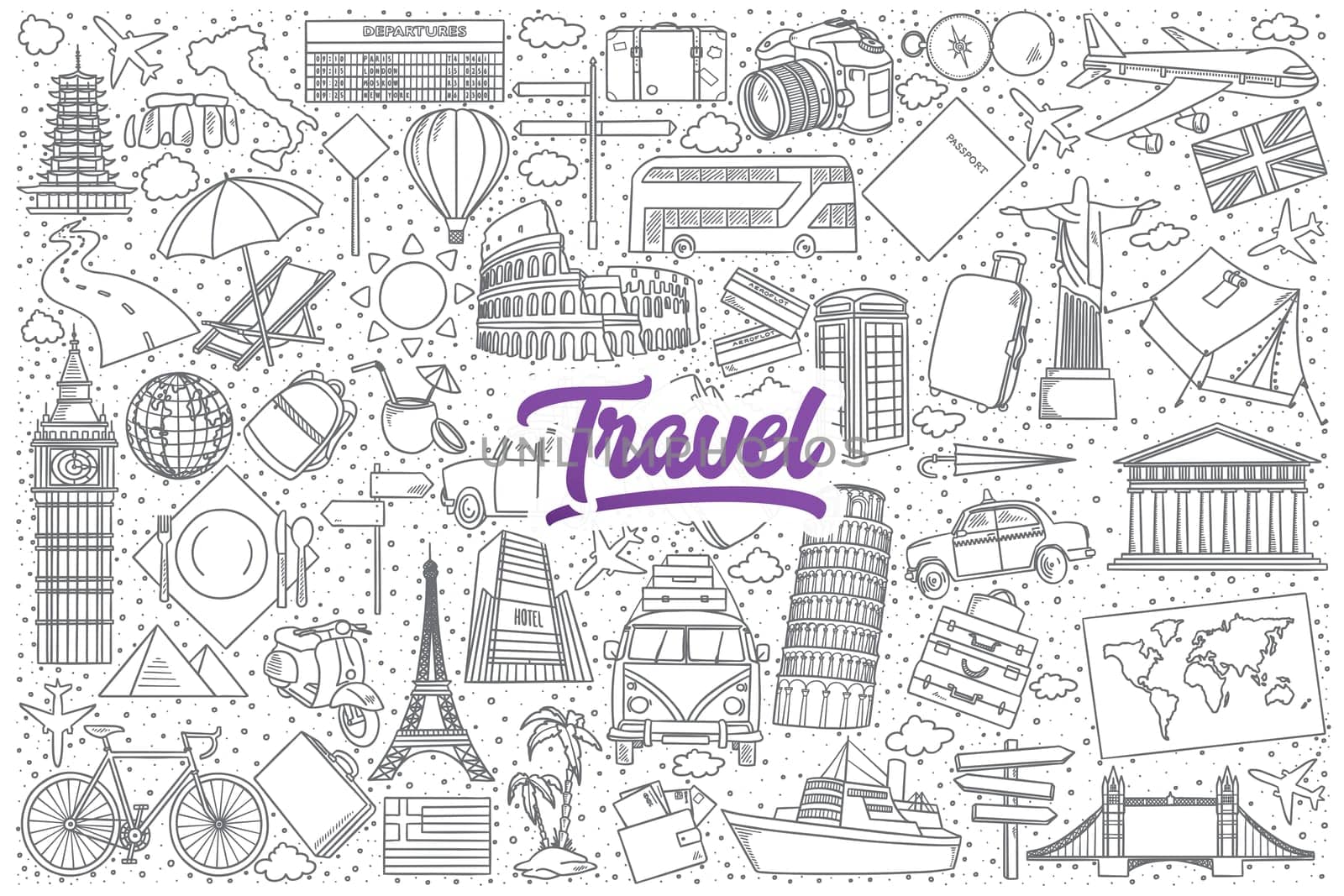 Hand drawn set of travel doodles with bright purple lettering in vector