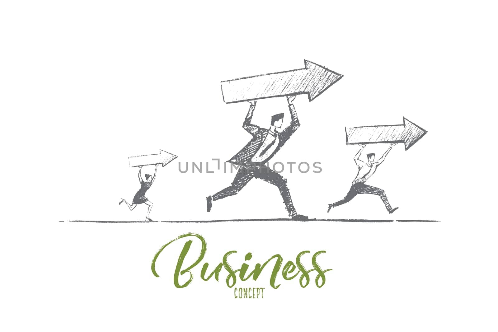 Vector hand drawn business concept sketch. Business people running and carrying indicators meaning progress and development in business. Lettering Business concept