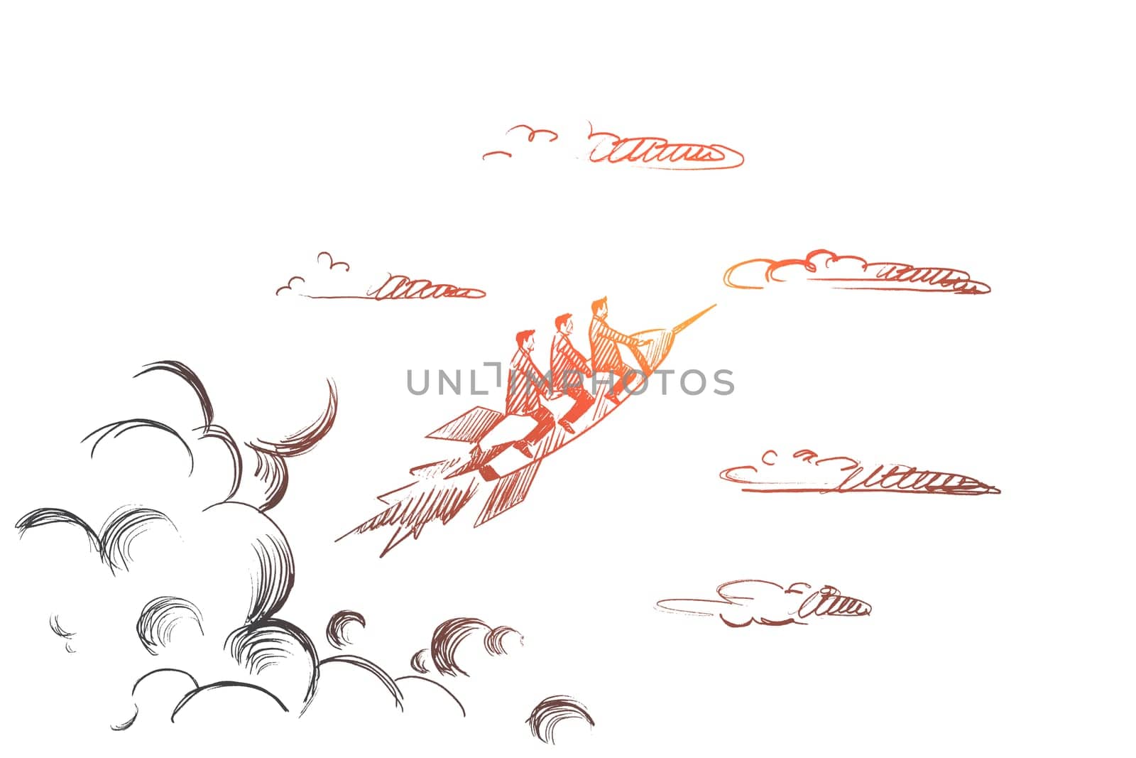 Creative team concept. Hand drawn people flying on rocket. Startup concept, creative team work isolated vector illustration.