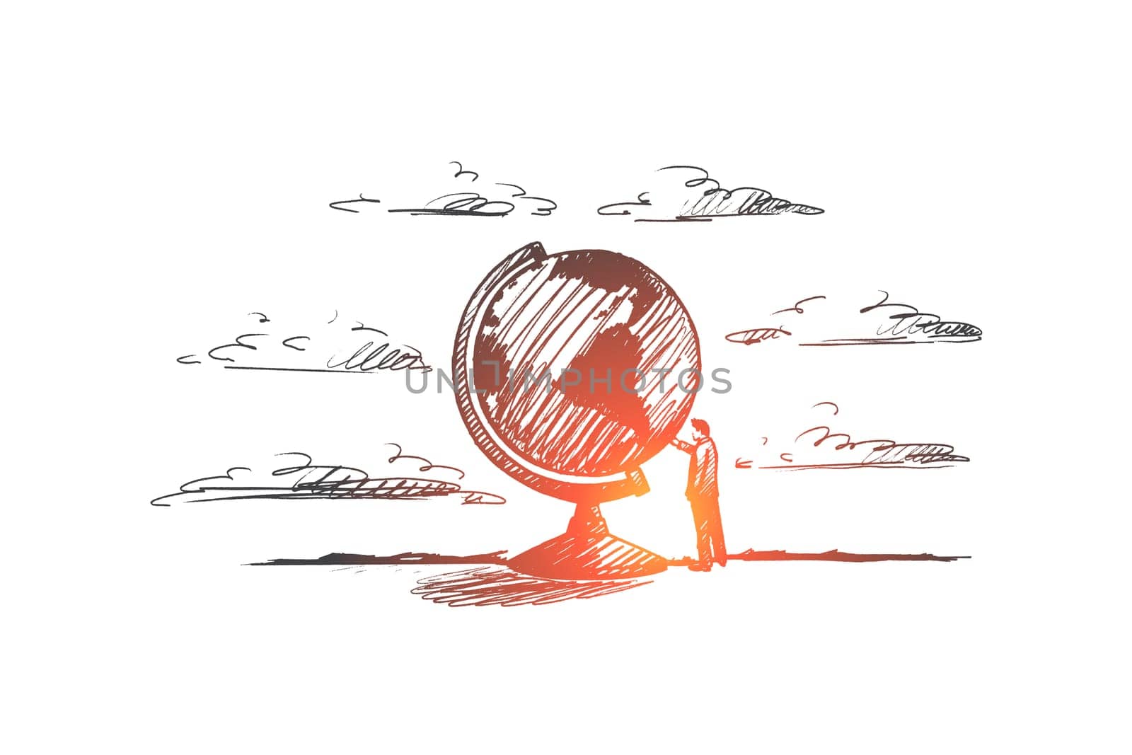 Education concept. Hand drawn man near world globe. Person near Earth symbol isolated vector illustration.