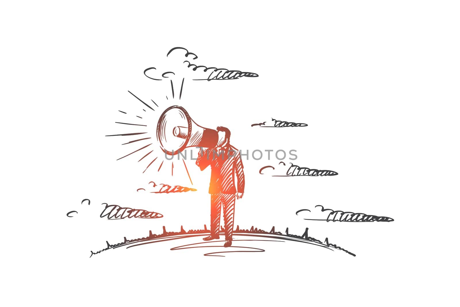 Promotion concept. Hand drawn man yelling through the megaphone. Male person promoting something with horn isolated vector illustration.