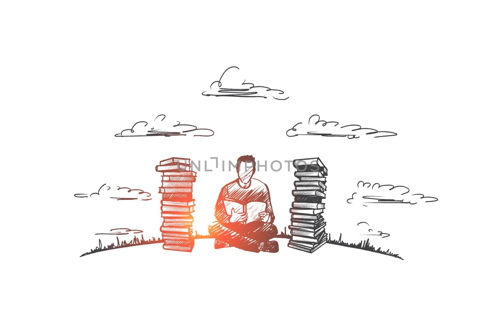Reading time concept. Hand drawn concentrated man reading fond of literature. Male person sitting and read book isolated vector illustration.
