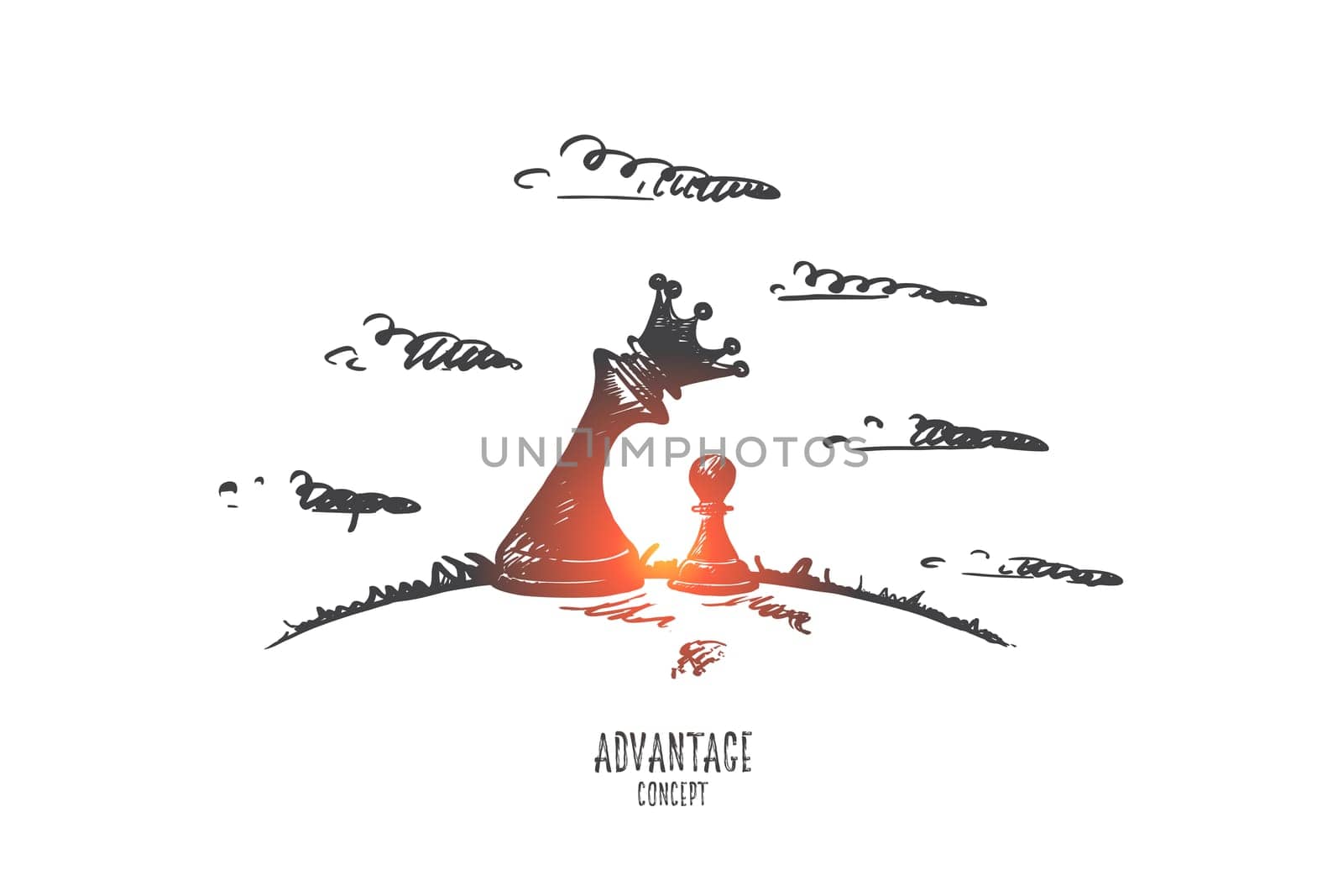 Advantage concept. Hand drawn main black chess figure facing single pawn on chessboard. Chess figure Queen as symbol of advantage isolated vector illustration.