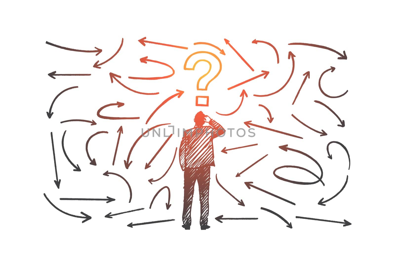 Question concept. Hand drawn man near a wall with questions. Male person who has to make a decision isolated vector illustration.
