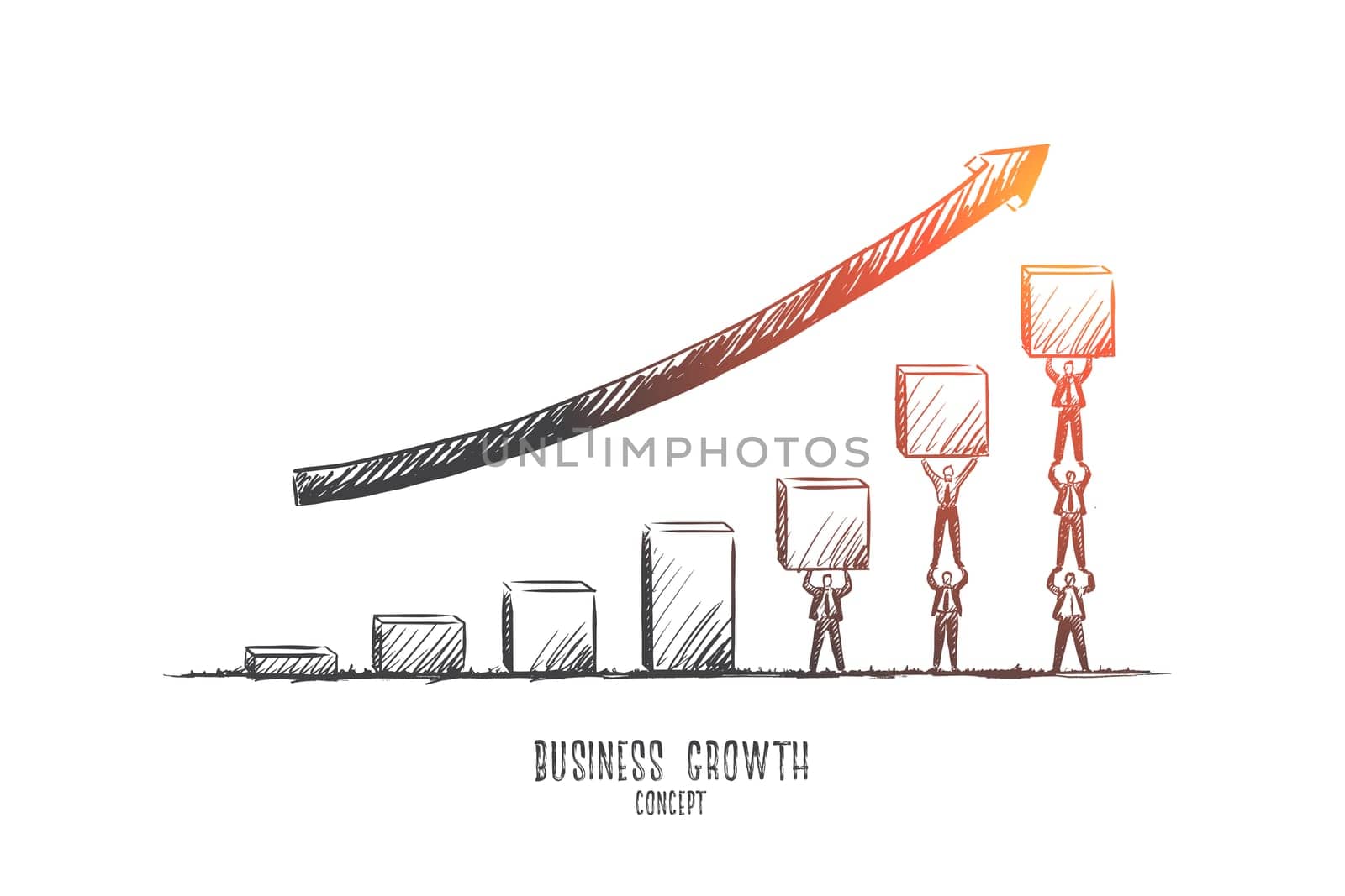 Business growth concept. Hand drawn people making business grew up. Success graph isolated vector illustration.