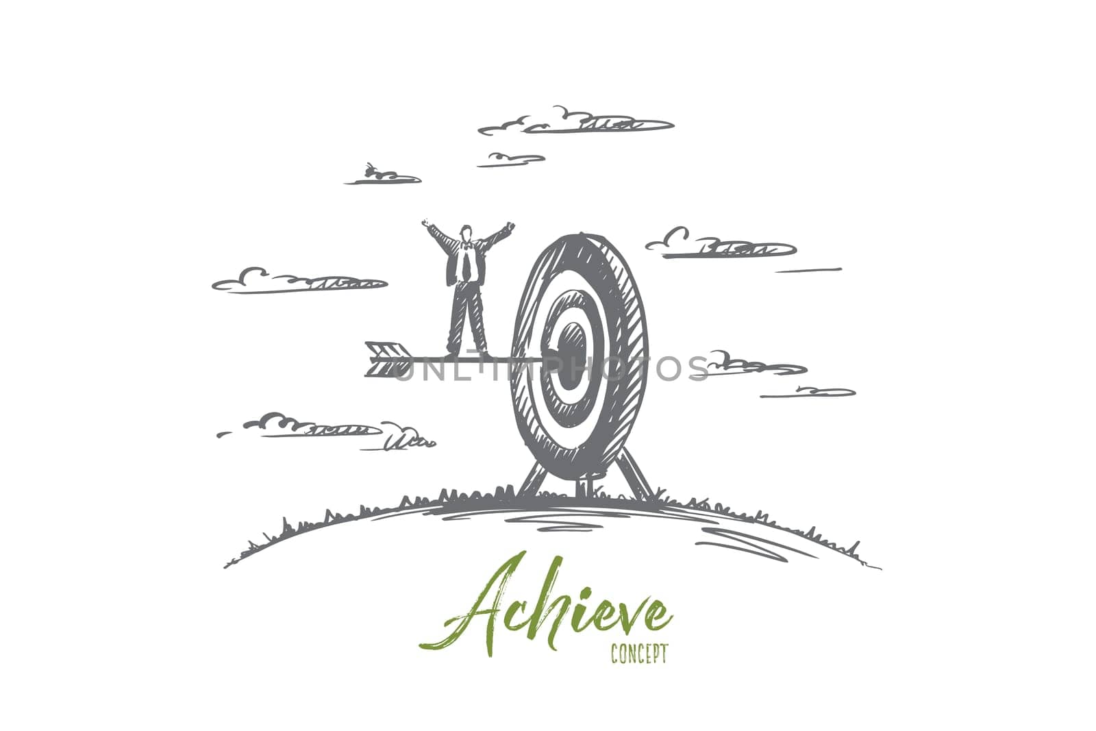 Achieve concept. Hand drawn arrow hitting in the target center of dartboard. Concept of achieving a goal, success businessman isolated vector illustration.