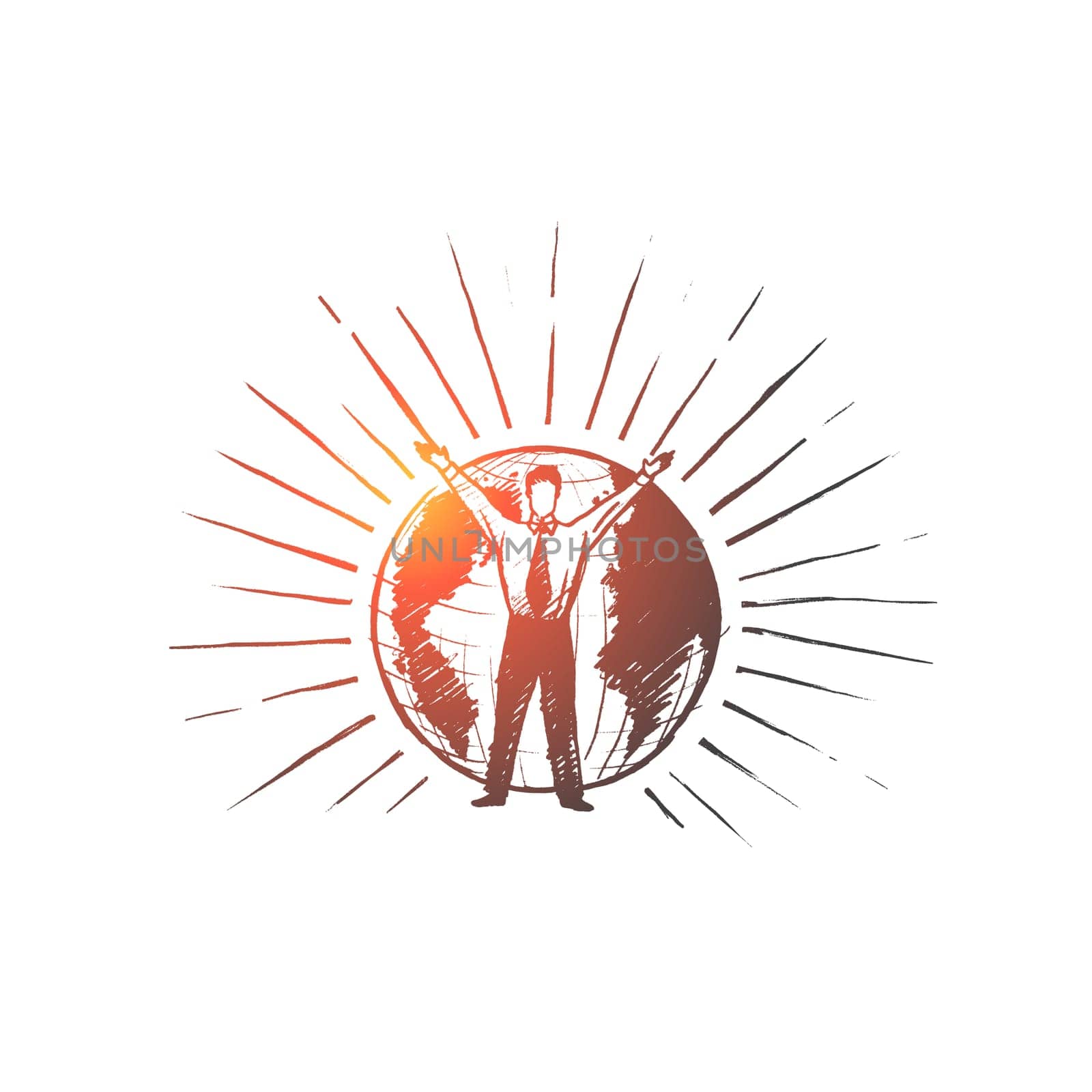 Global business concept. Hand drawn businessman holding hand up. Man in front of Earth isolated vector illustration.