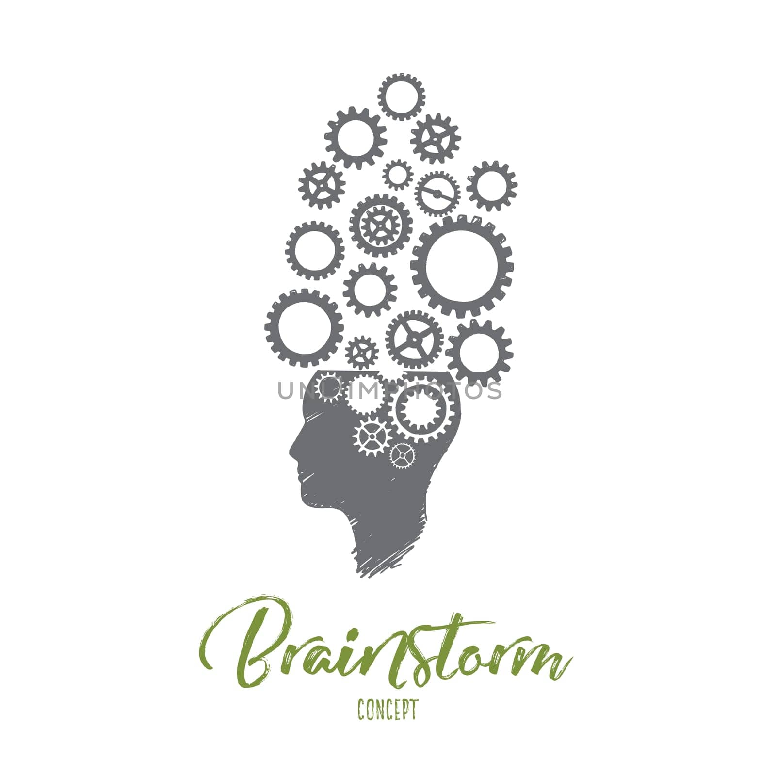 Brainstorm concept. Hand drawn thinking mechanism. Human head with gears inside isolated vector illustration.