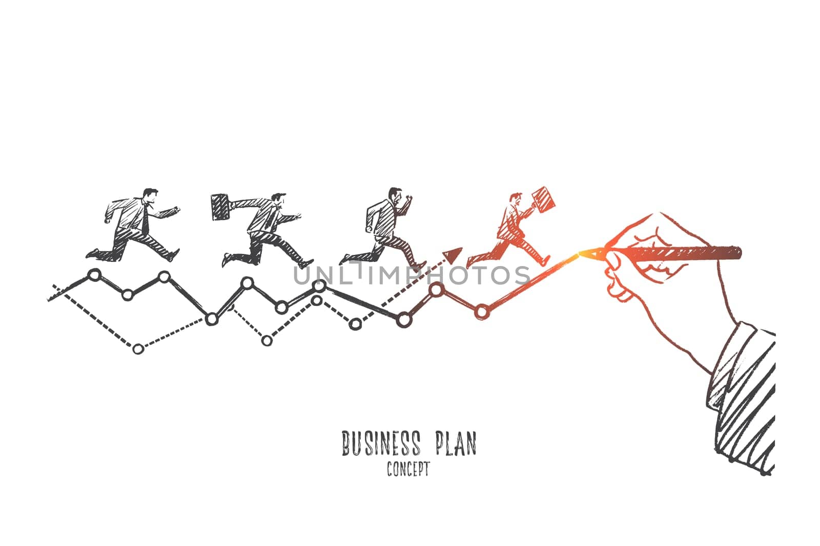 Business plan concept. Hand drawn financial chart drawn by hand with pencil. Businessmen running to do work in time isolated vector illustration.