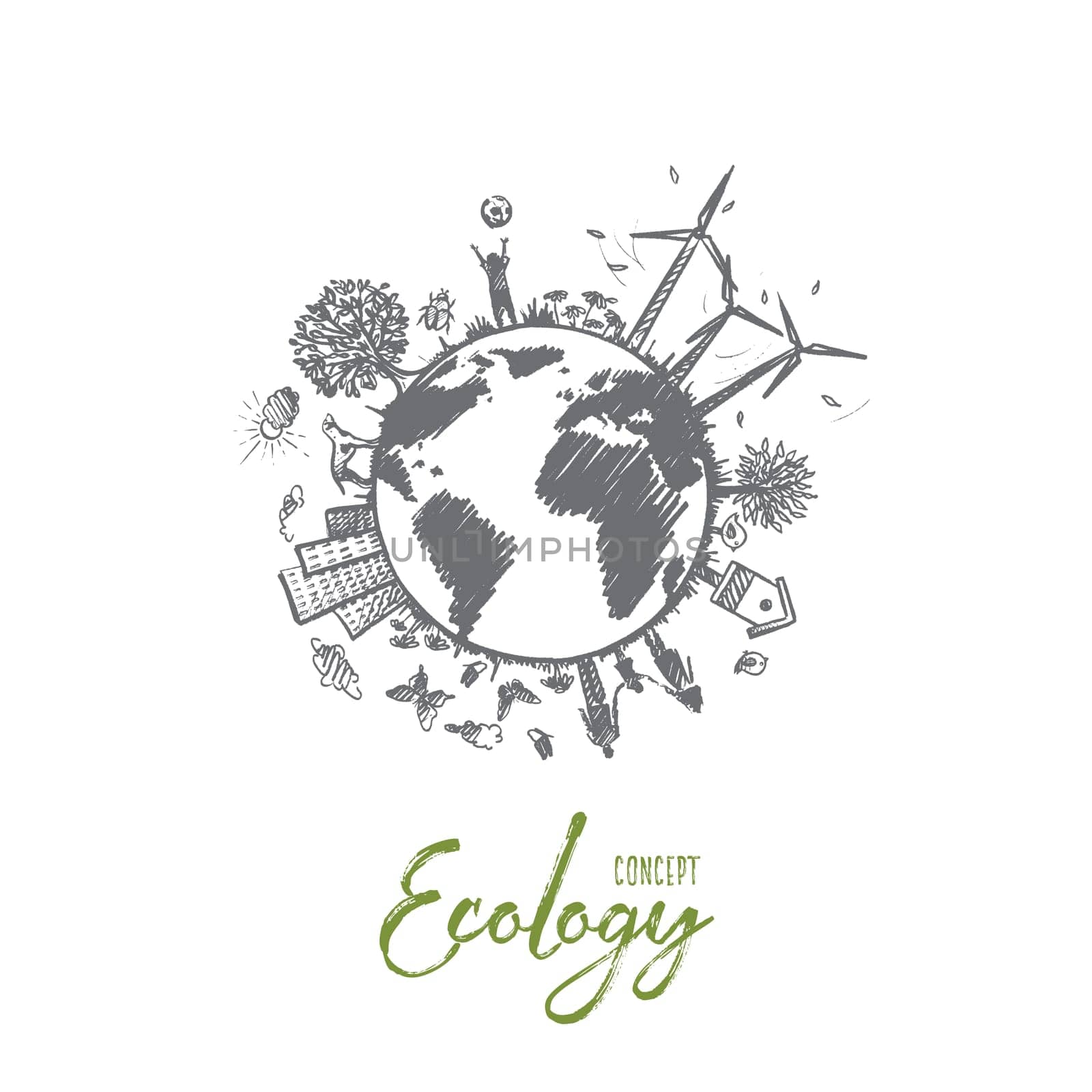 Ecology concept. Hand drawn sustainable ecological environment. Harmony living with nature isolated vector illustration.
