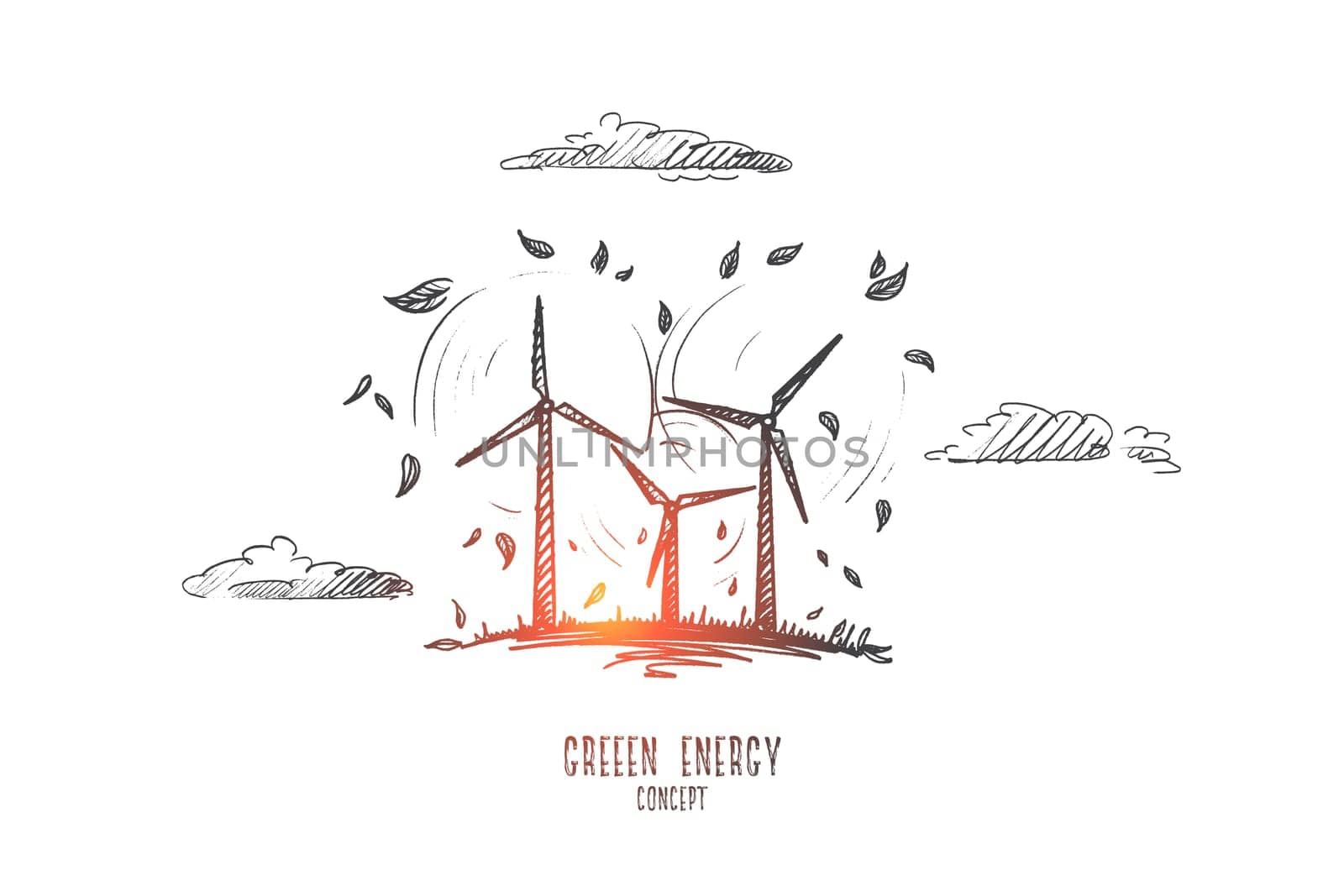 Green energy concept. Hand drawn wind turbine farm. Windmill as symbol of renewable, sustainable and alternative energy isolated vector illustration.