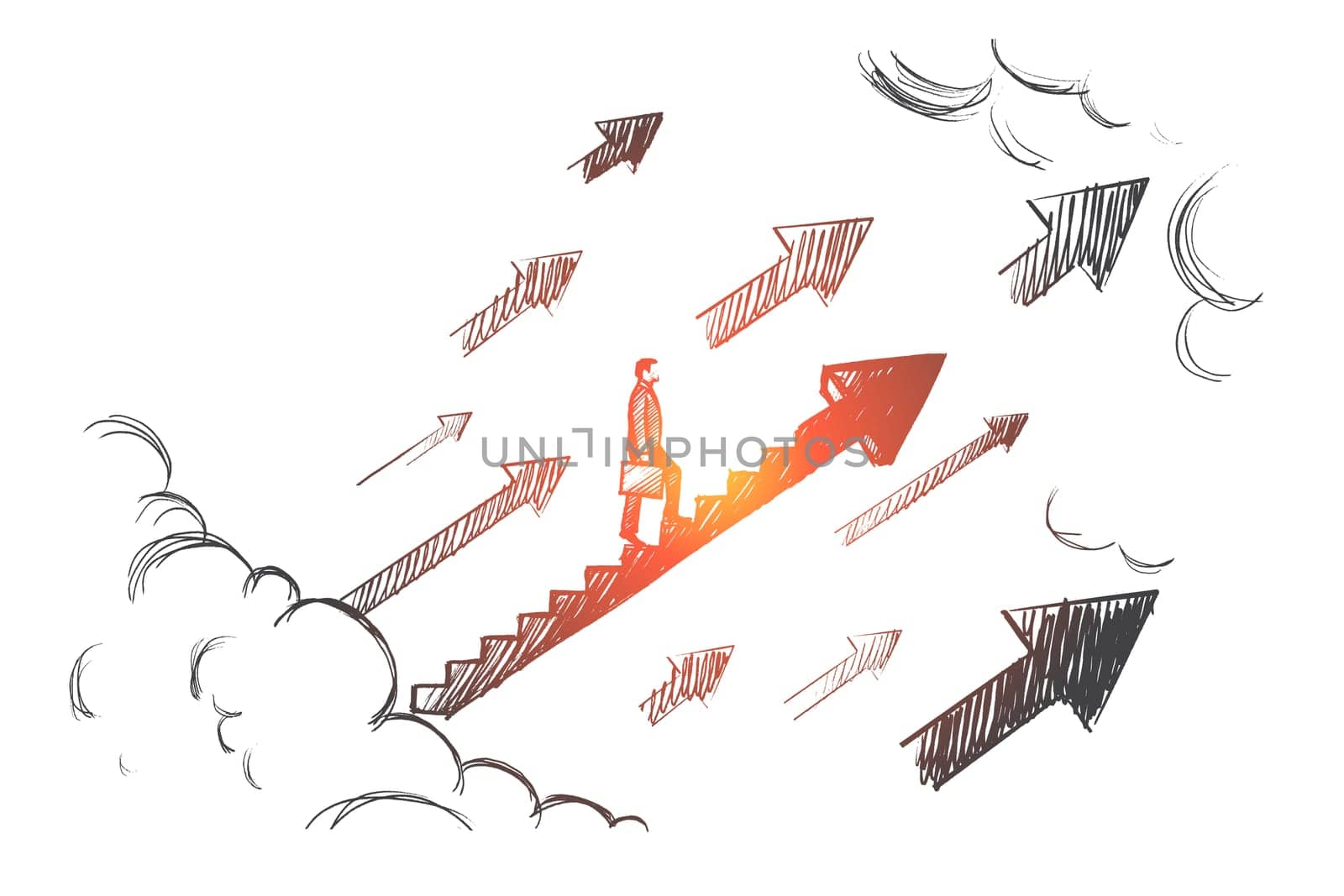 Start up concept. Hand drawn businessman start to climb up growth stair. Succesful business isolated vector illustration.