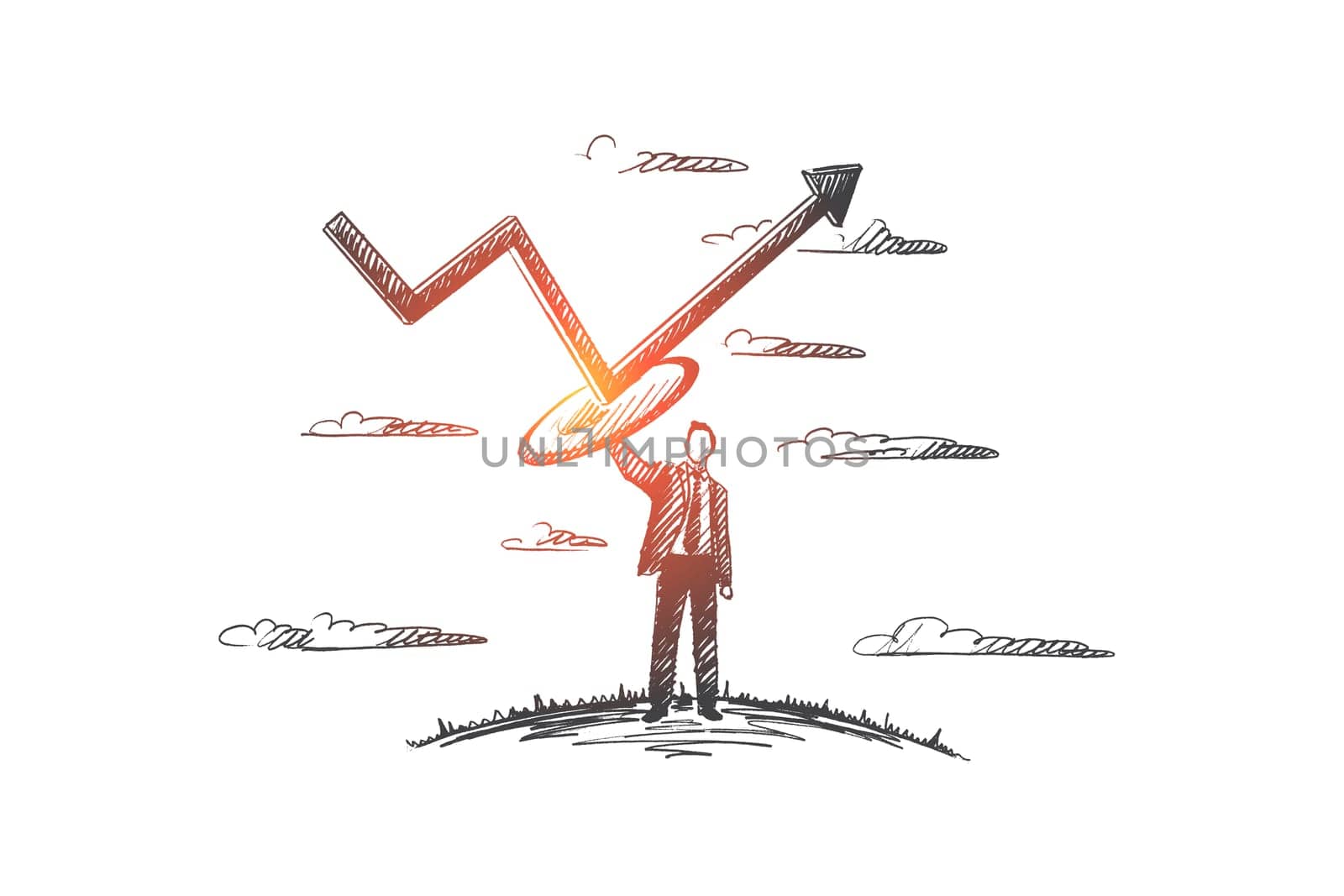Protecting concept. Hand drawn man protecting business from crisis. Manager protect project from fall isolated vector illustration.