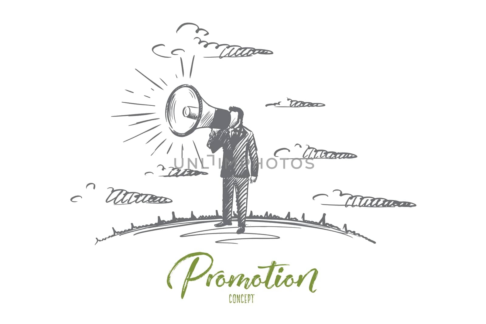 Promotion concept. Hand drawn man yelling through the megaphone. Male person promoting something with horn isolated vector illustration.
