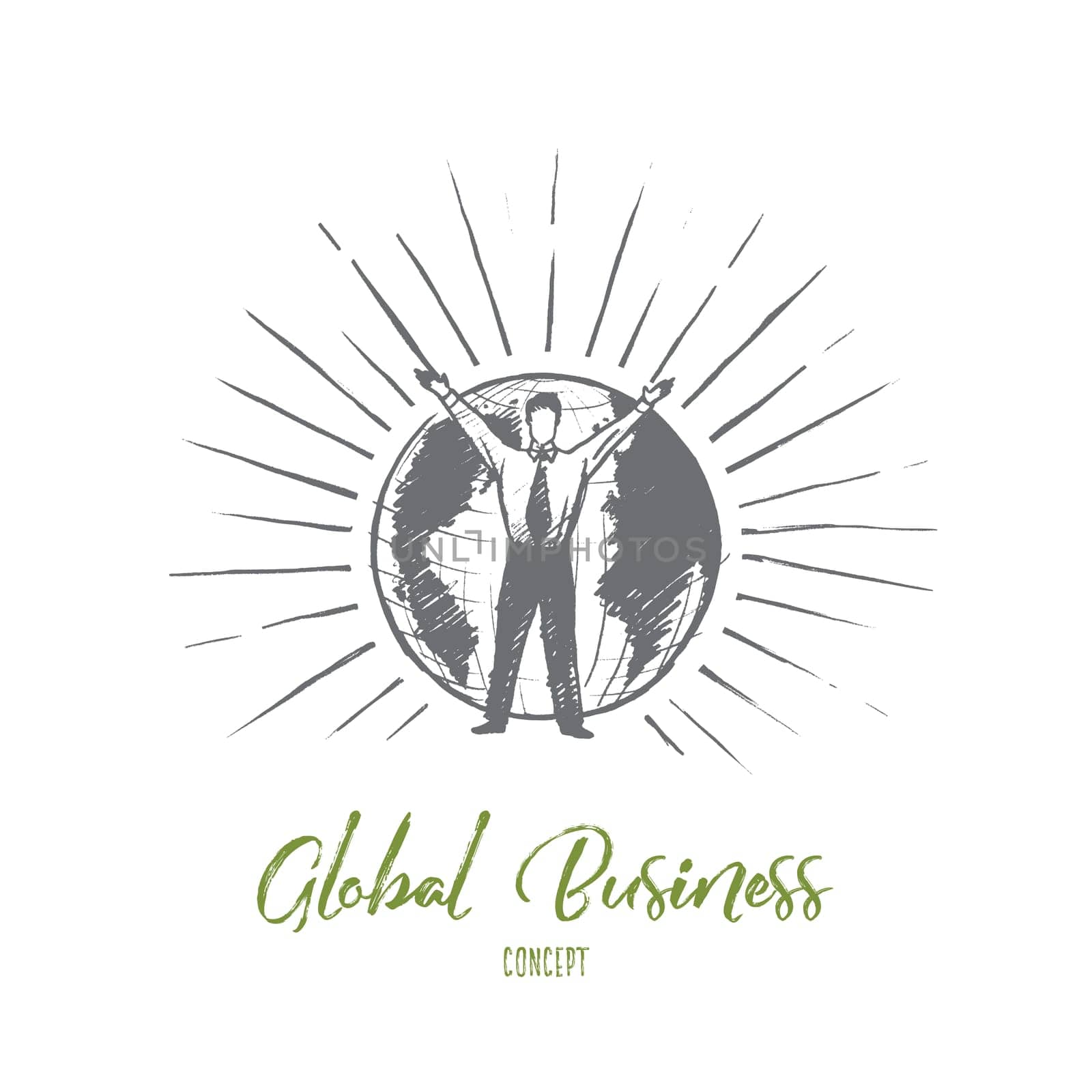 Global business concept. Hand drawn businessman holding hand up. Man in front of Earth isolated vector illustration.