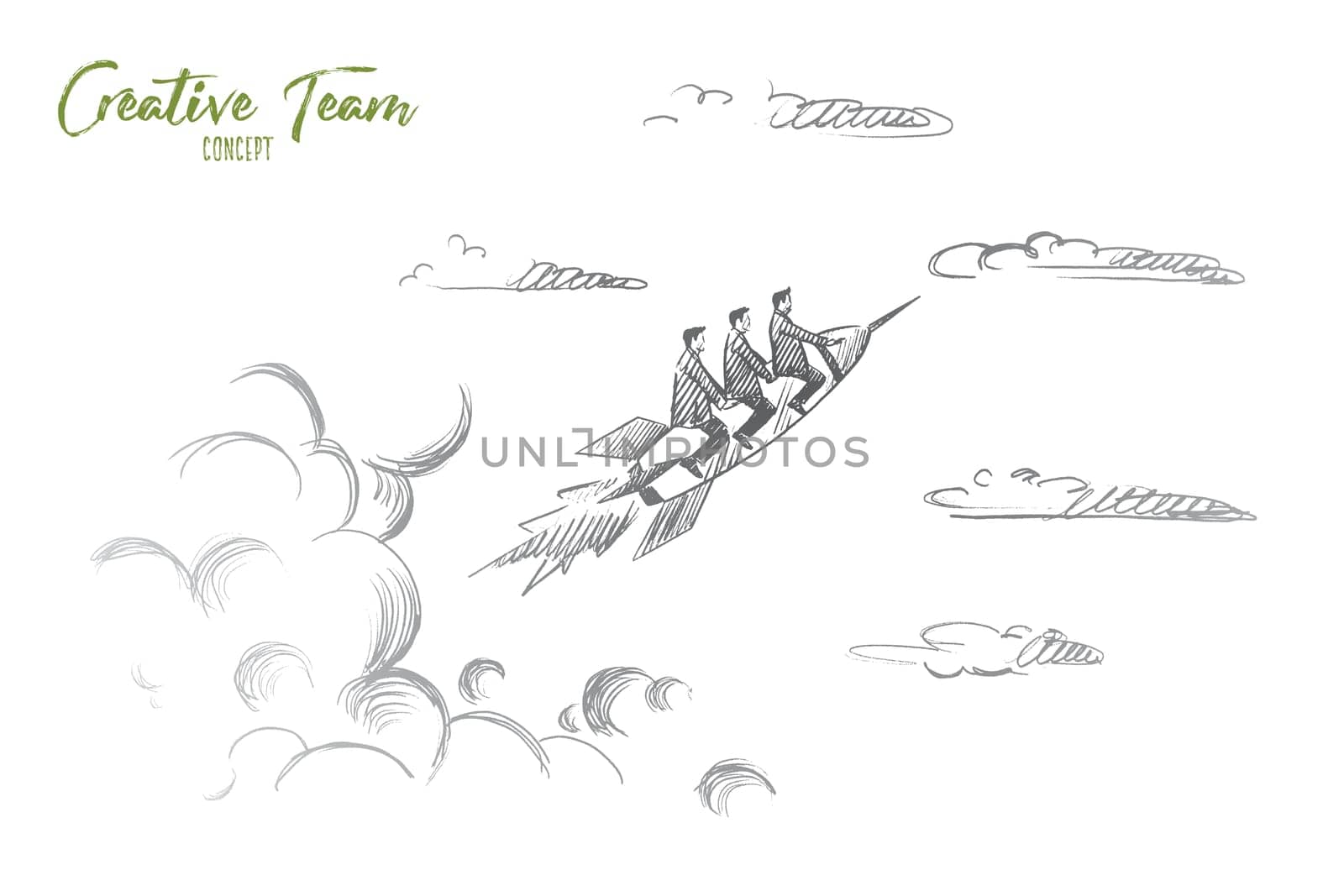 Creative team concept. Hand drawn people flying on rocket. Startup concept, creative team work isolated vector illustration.