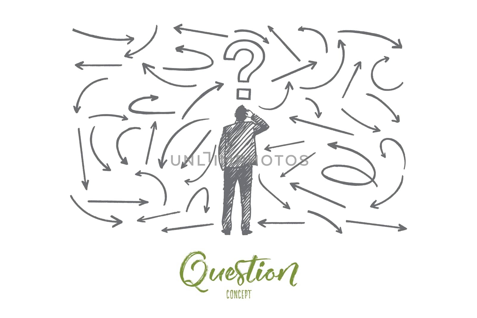 Question concept. Hand drawn man near a wall with questions. Male person who has to make a decision isolated vector illustration.