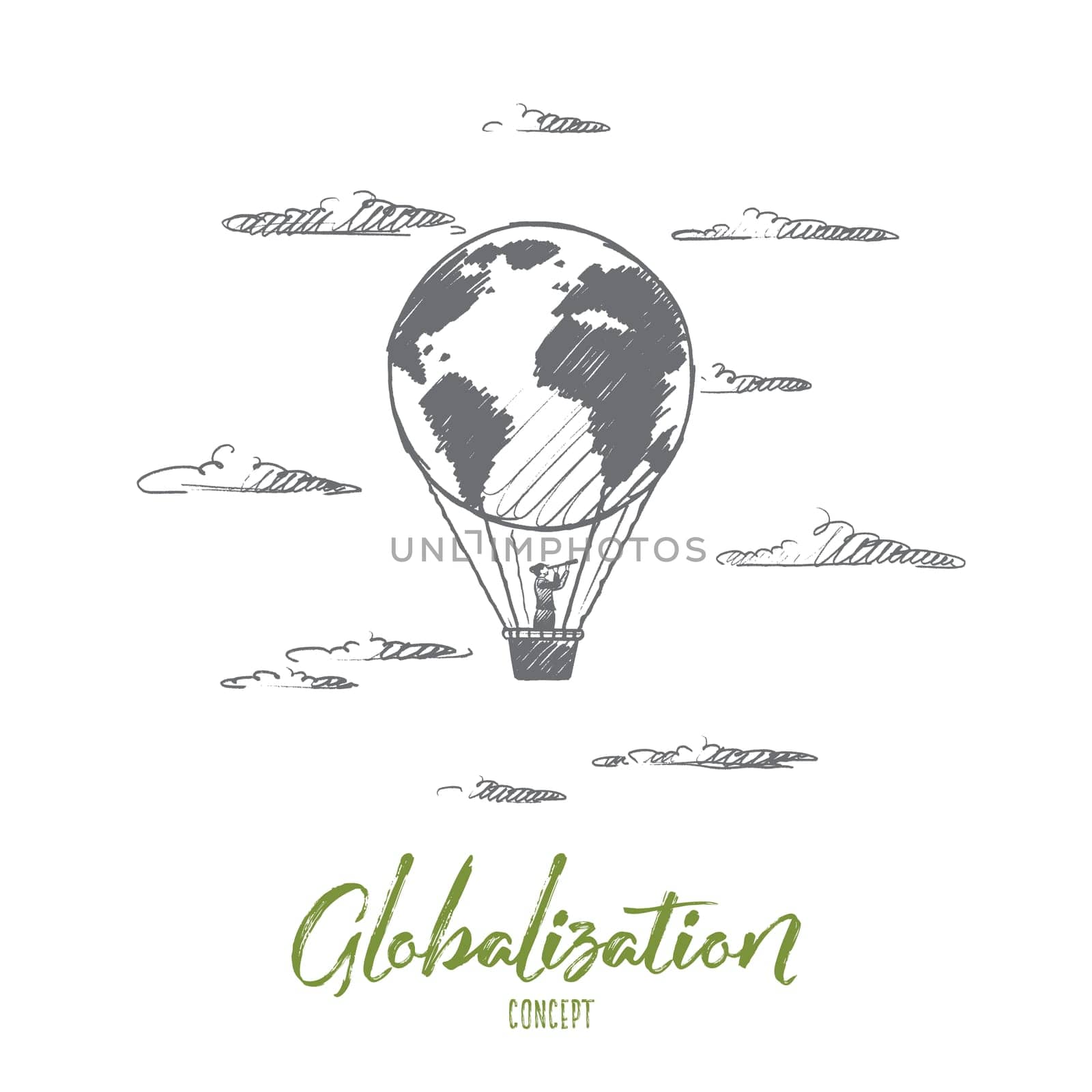 Globalization concept. Hand drawn flying balloon with man. Balloon in the form of the globe isolated vector illustration.
