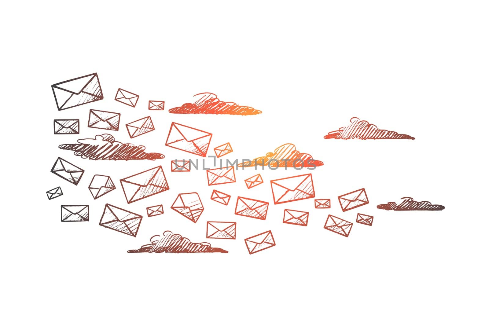 Contact concept. Hand drawn flying letters. A lot of letters as symbol of message isolated vector illustration.