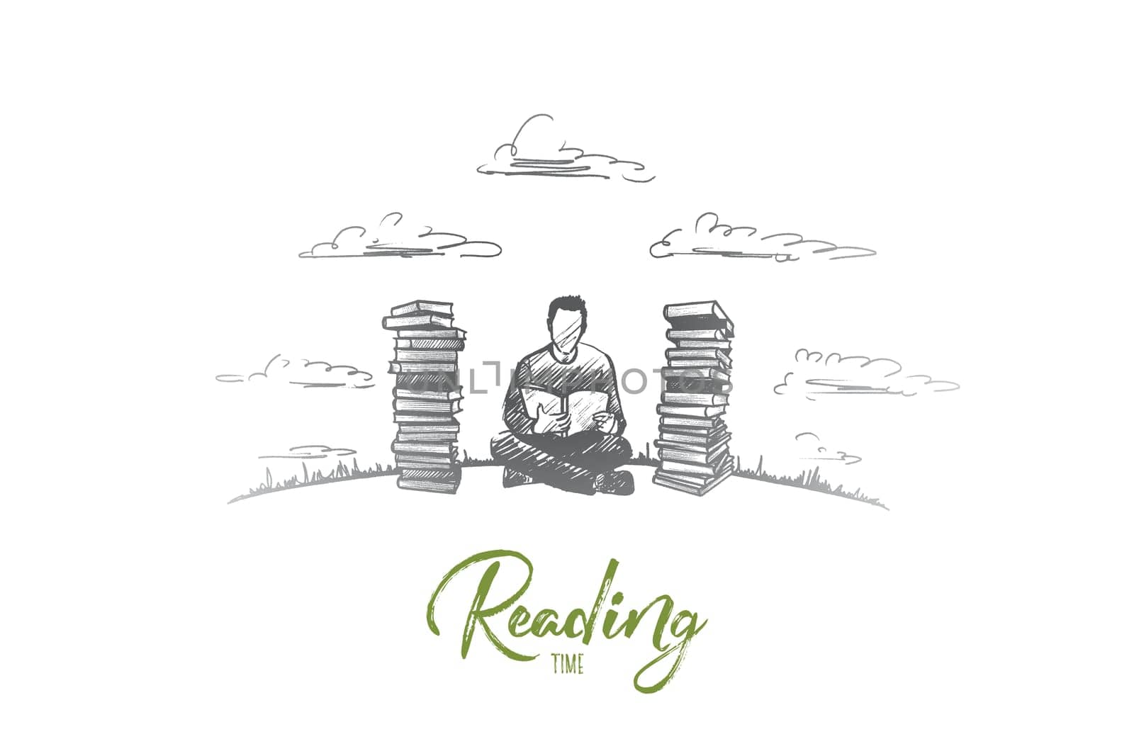 Reading time concept. Hand drawn concentrated man reading fond of literature. Male person sitting and read book isolated vector illustration.