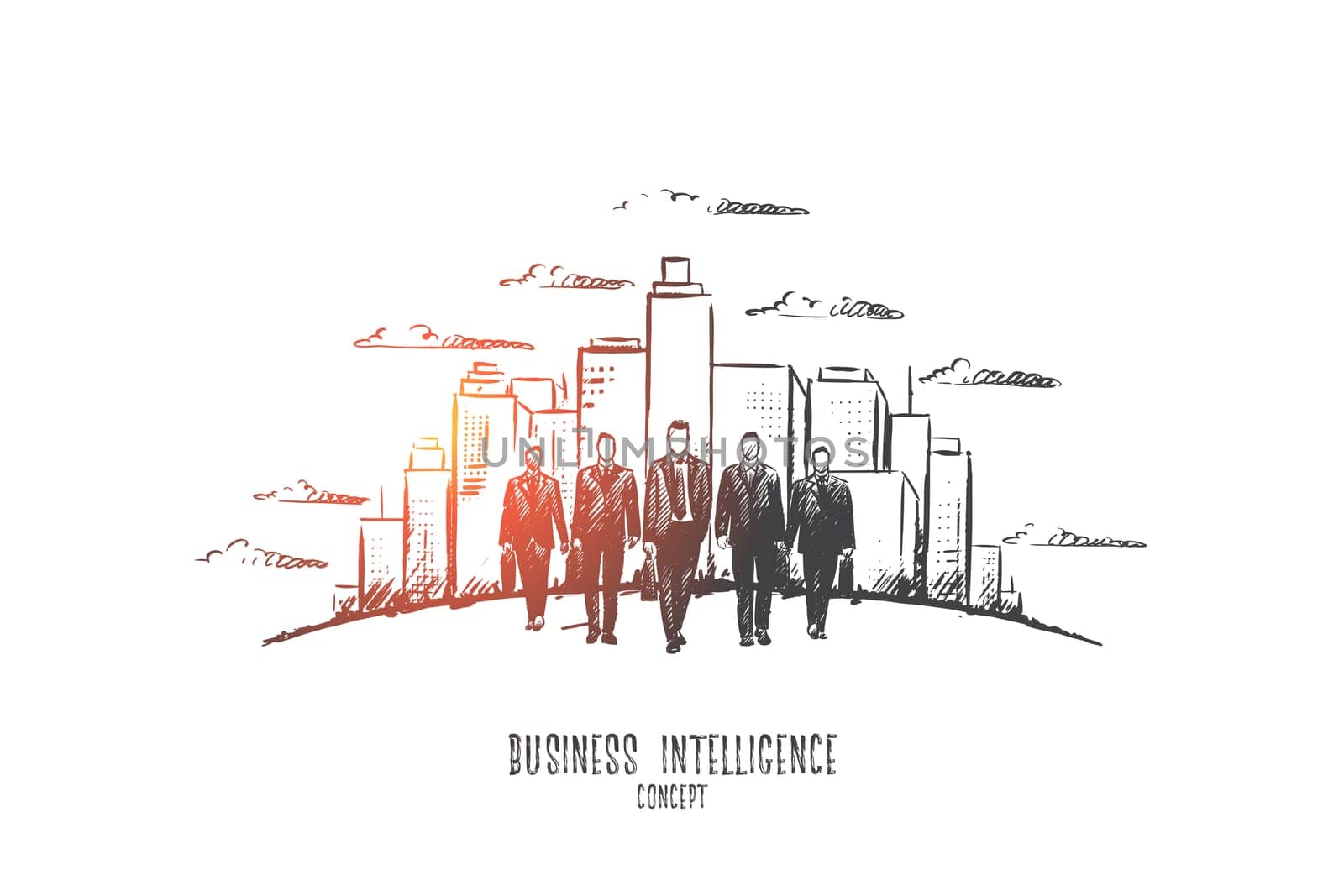 Business intelligence concept. Hand drawn male businessmen in suits going, modern buildings on background. Serious male persons isolated vector illustration.