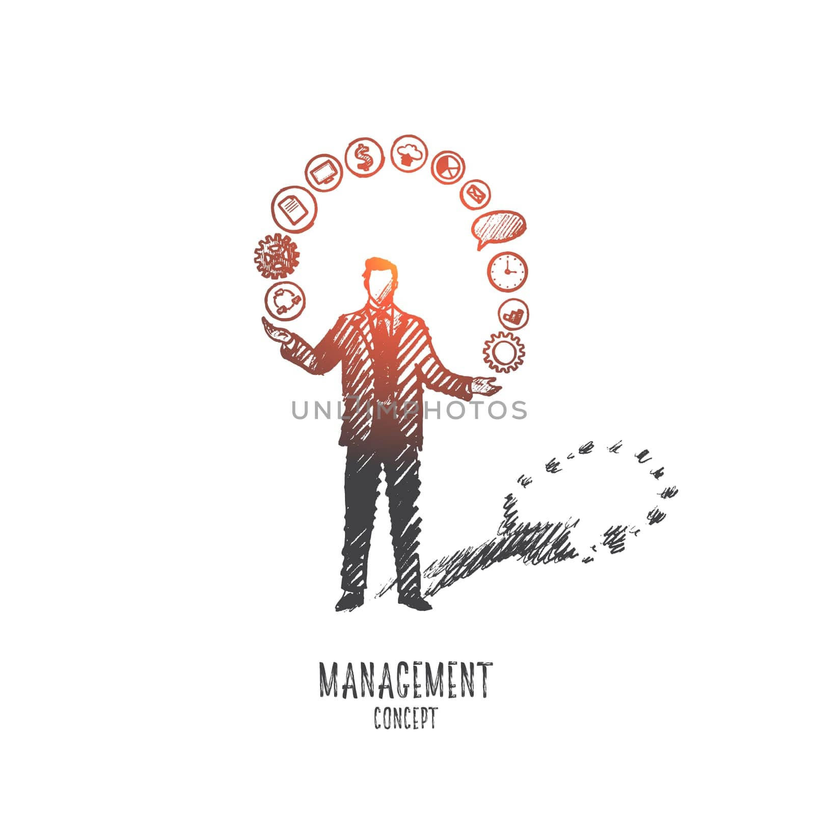 Management concept. Hand drawn team leader with a lot of tasks he should do. Male manager and his duties isolated vector illustration.