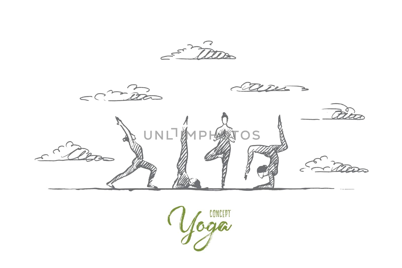 Yoga concept. Hand drawn yoga practice exercise class. People practicing yoga outdoors isolated vector illustration.