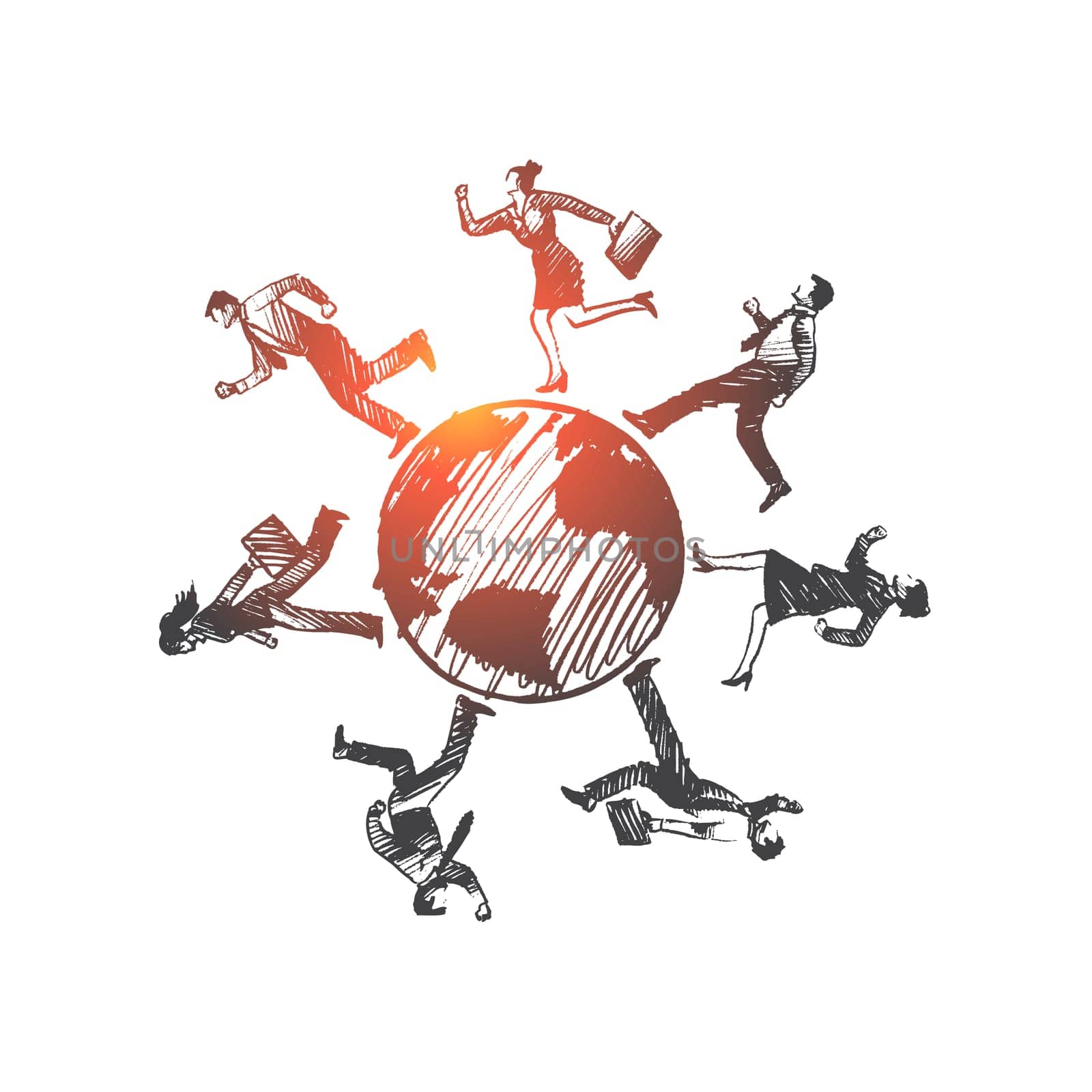 Internationl partners concept. Hand drawn businessmen all over the world. Business partners isolated vector illustration.