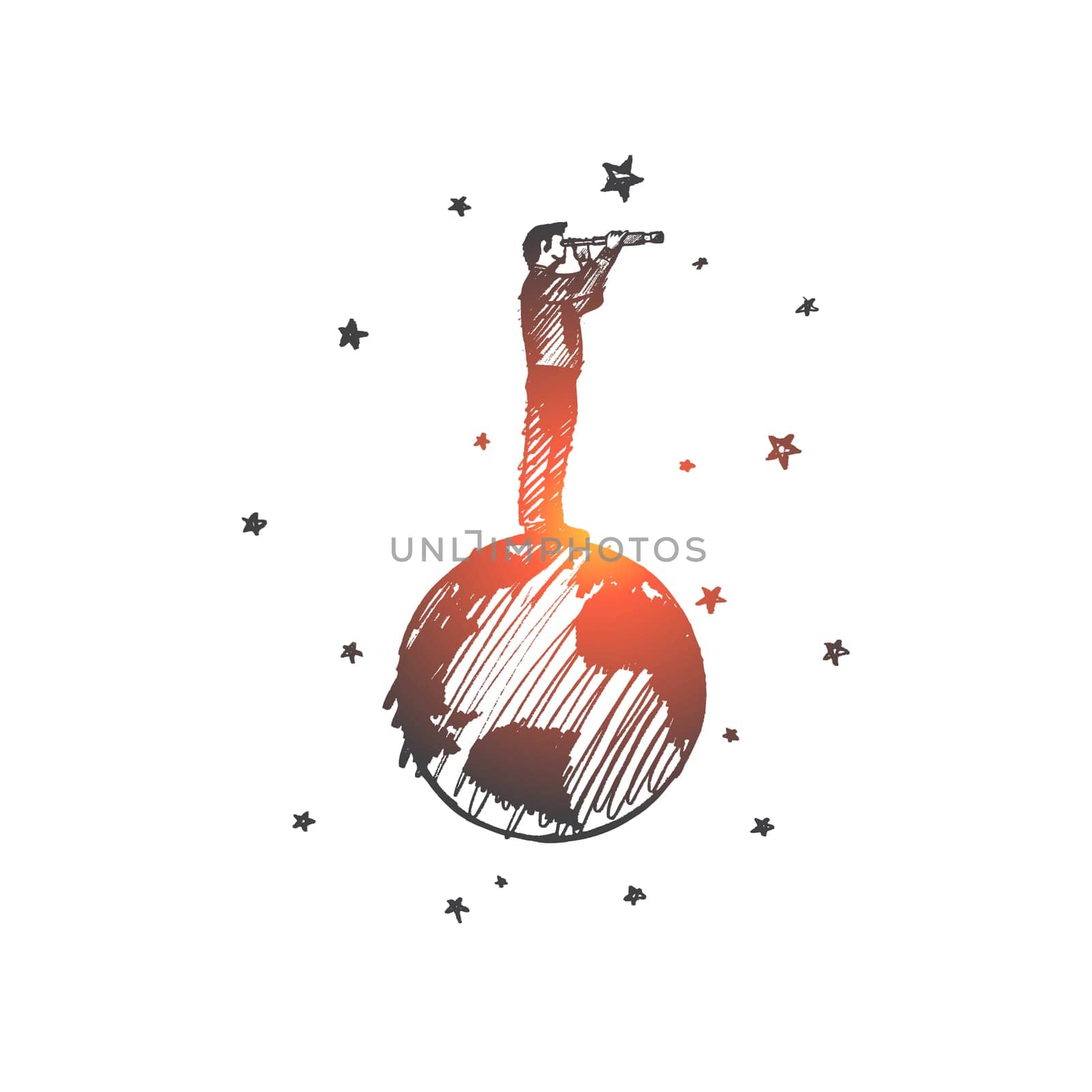 Searching concept. Hand drawn man on Earth looking forward using binoculars. Person with spyglass isolated vector illustration.