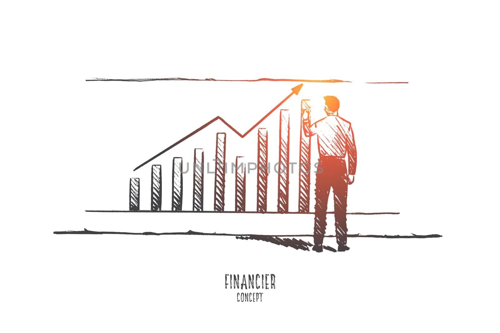 Financier concept. Hand drawn businessman builds graphics. Male finane analyst isolated vector illustration.