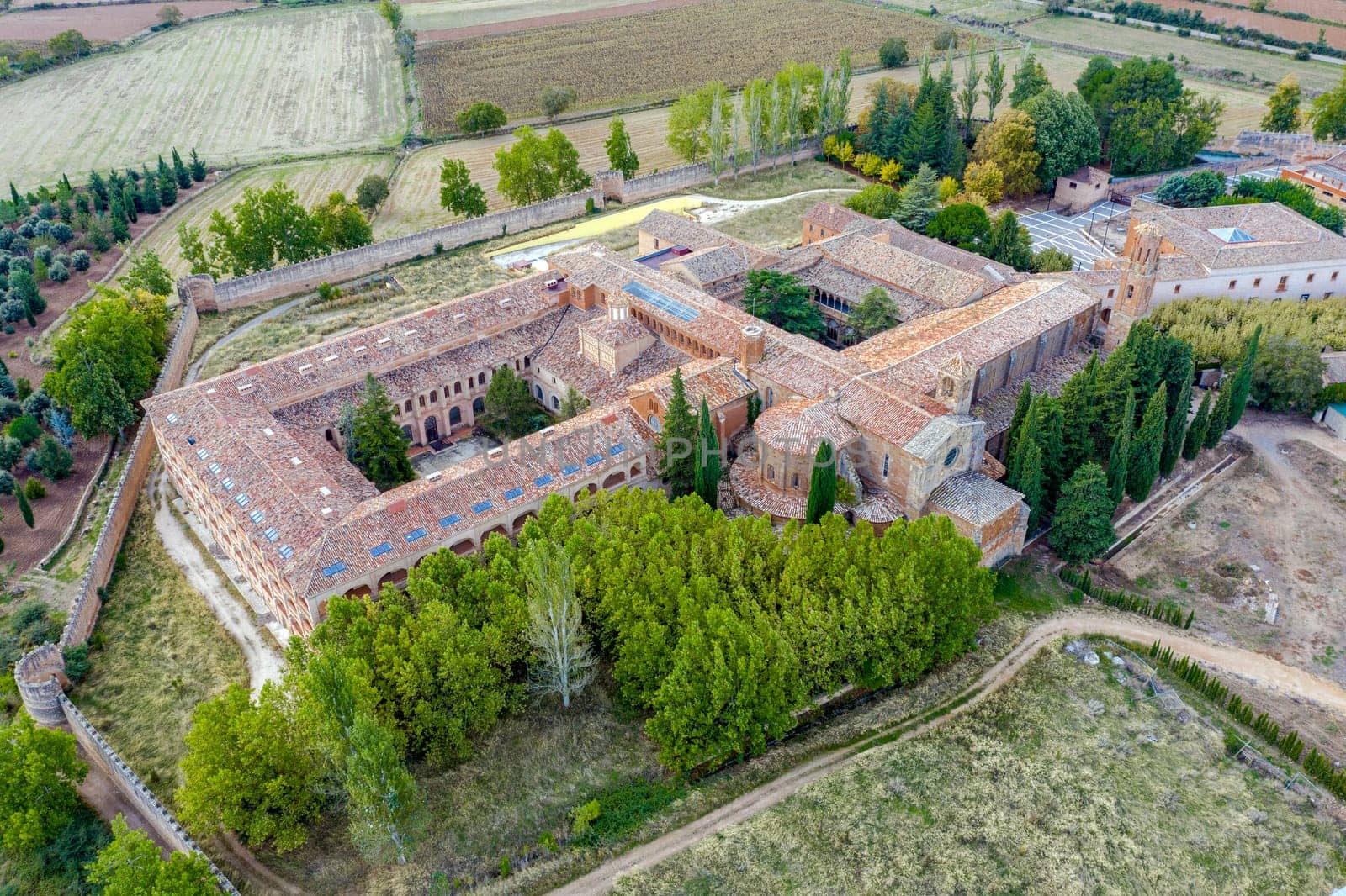 Aerial view of cloisters in the Abbey Royal Monastery of Santa Maria de Veruela, Vera de Moncayo, Zaragoza, Aragon, Spain